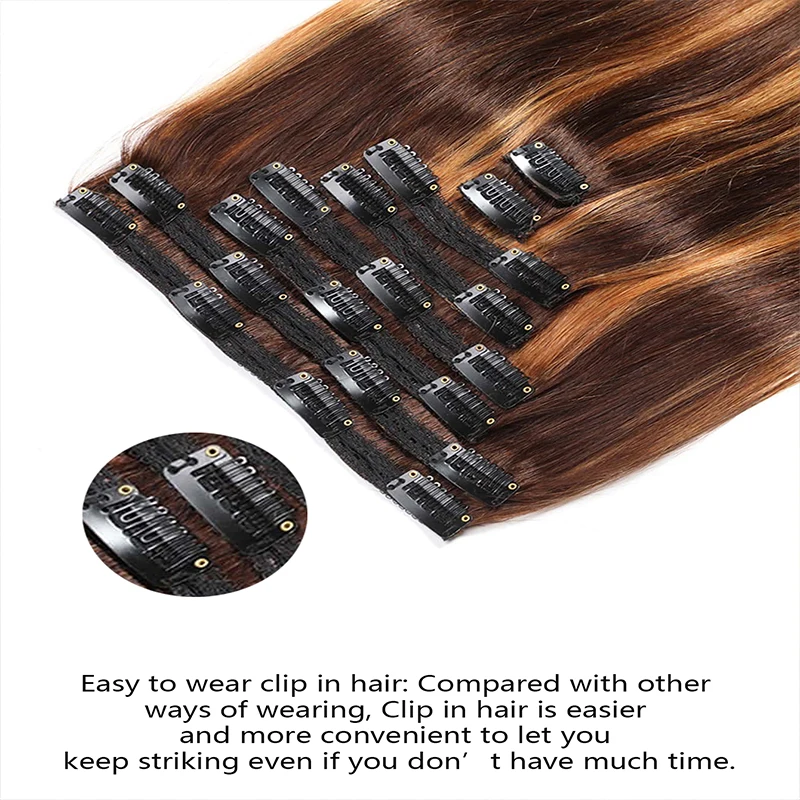 وصلات شعر بشري بكر ، مشبك مستقيم ، تمييز ، لحمة مزدوجة ، P4 ، 27 لون ، 8 2.8 #4