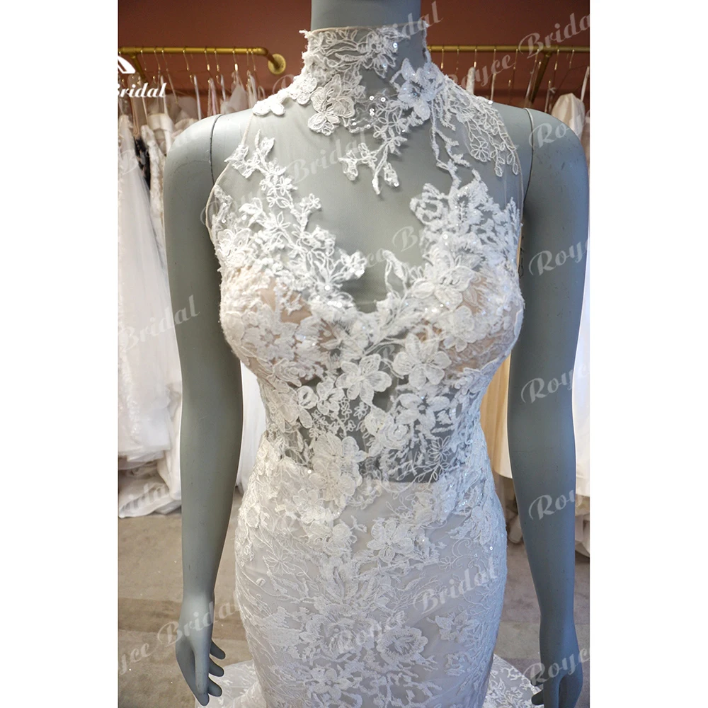 Vestido De Novia De sirena De encaje con botones en la espalda para mujer, Vestidos De Novia bohemios, cuello alto, sin mangas, Sexy, exquisito