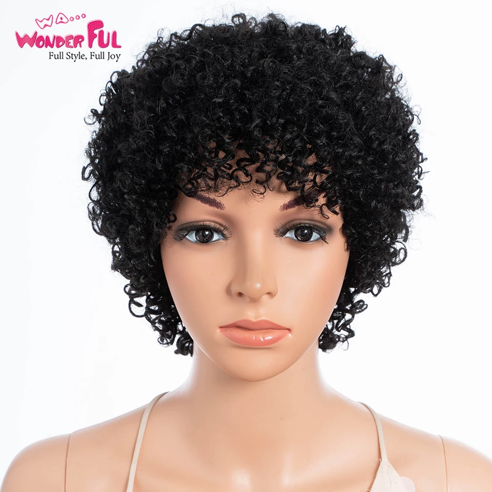 Afro Kinky Curly perucas de cabelo humano para mulheres negras, curto encaracolado, corte Bob com Franja, destaque escuro, cor marrom, máquina