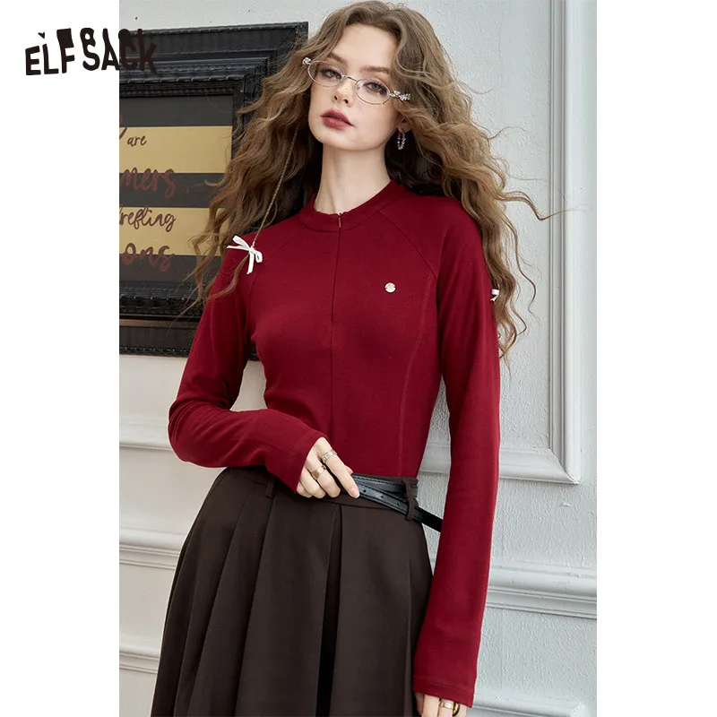 

ELFSACK 2024 Winter New Arrivals American retro sports long-sleeved T-shirt for women, slim fit, versatile