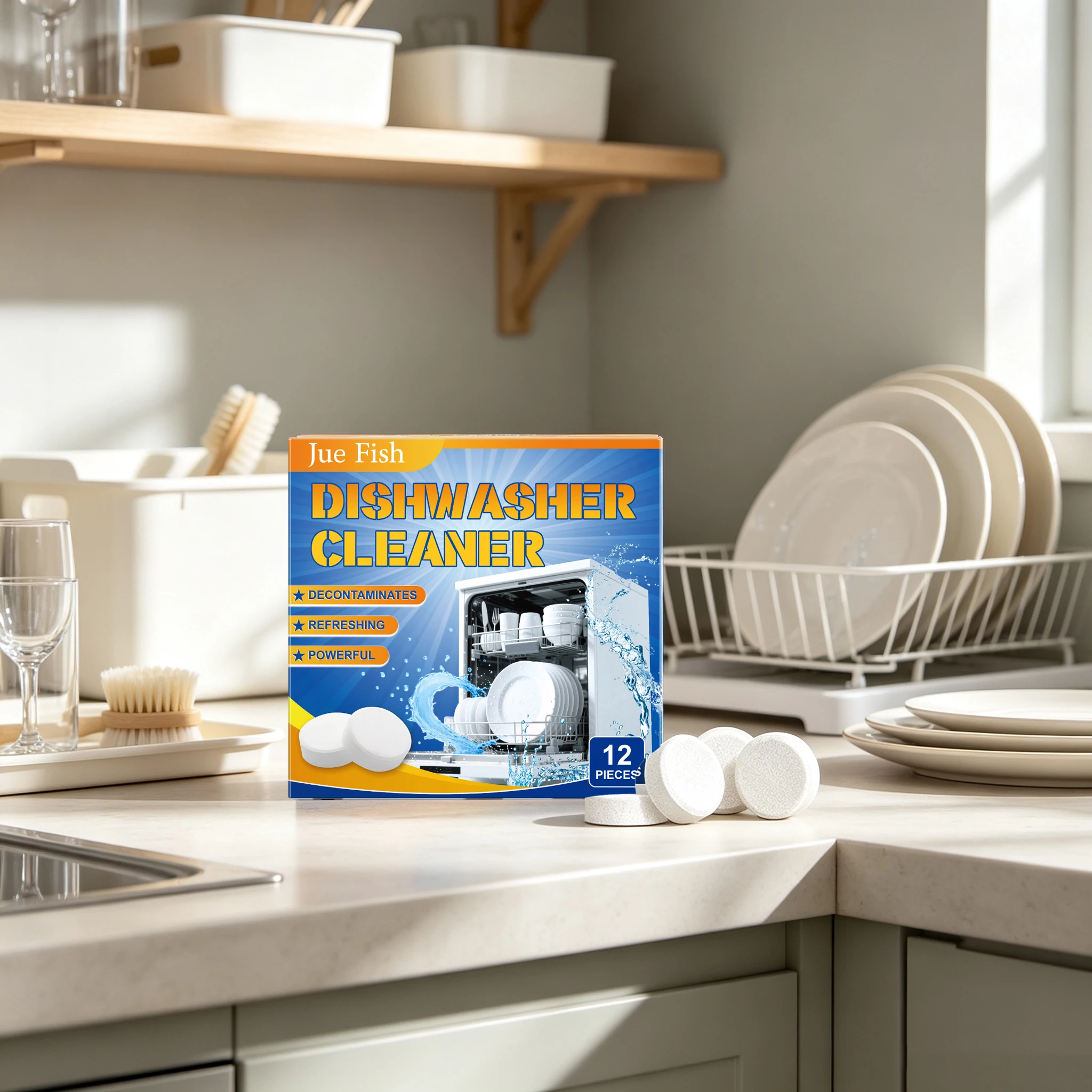 12pcs Dishwasher Cleaner Tablets Powerful Cleaning Stubbron Oil Stains Eliminate Bad Odors Restoring Gloss Descaling Dishwasher Cleaner Tablets
