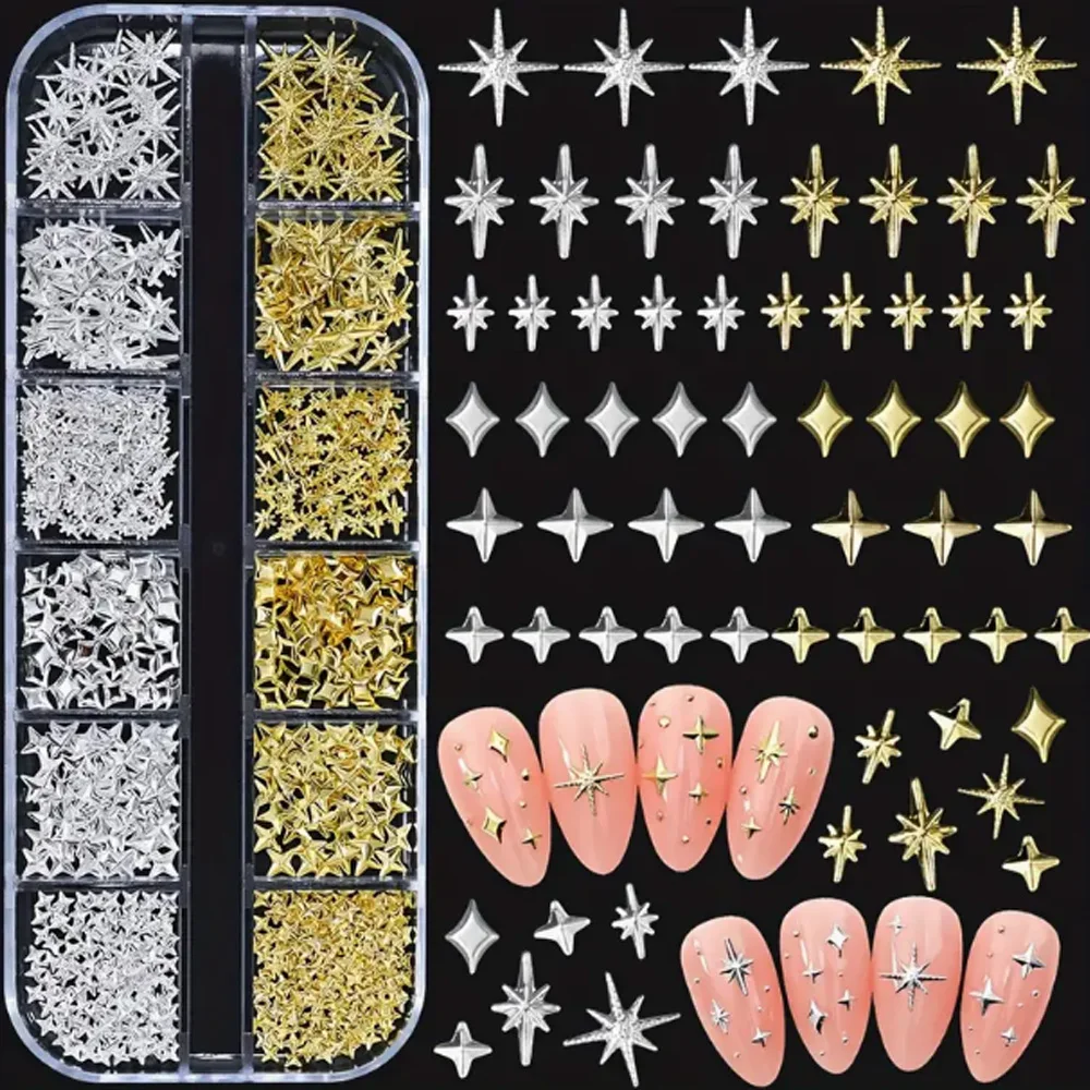Dijes y gemas para decoración de uñas con estrella 3D metálica dorada y plateada, estilos mixtos para decoración de uñas DIY, joyería de manicura hipoalergénica