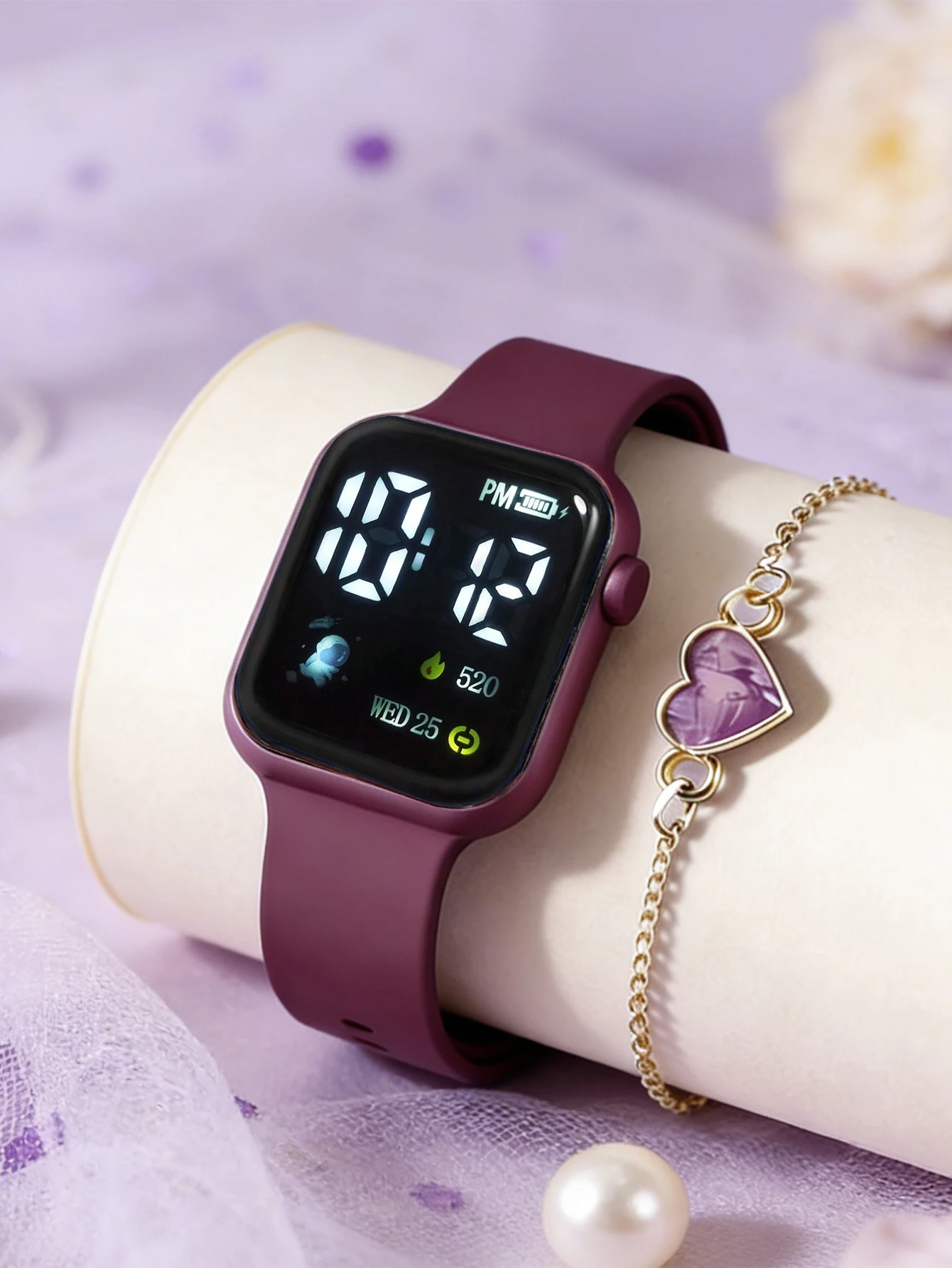 2-Piece Set, Children's Silicone Strap Led Electronic Watch with Heart Bracelet, Casual and Simple, Suitable for Daily Wear and Shopping, an Excellent Gift for Her.