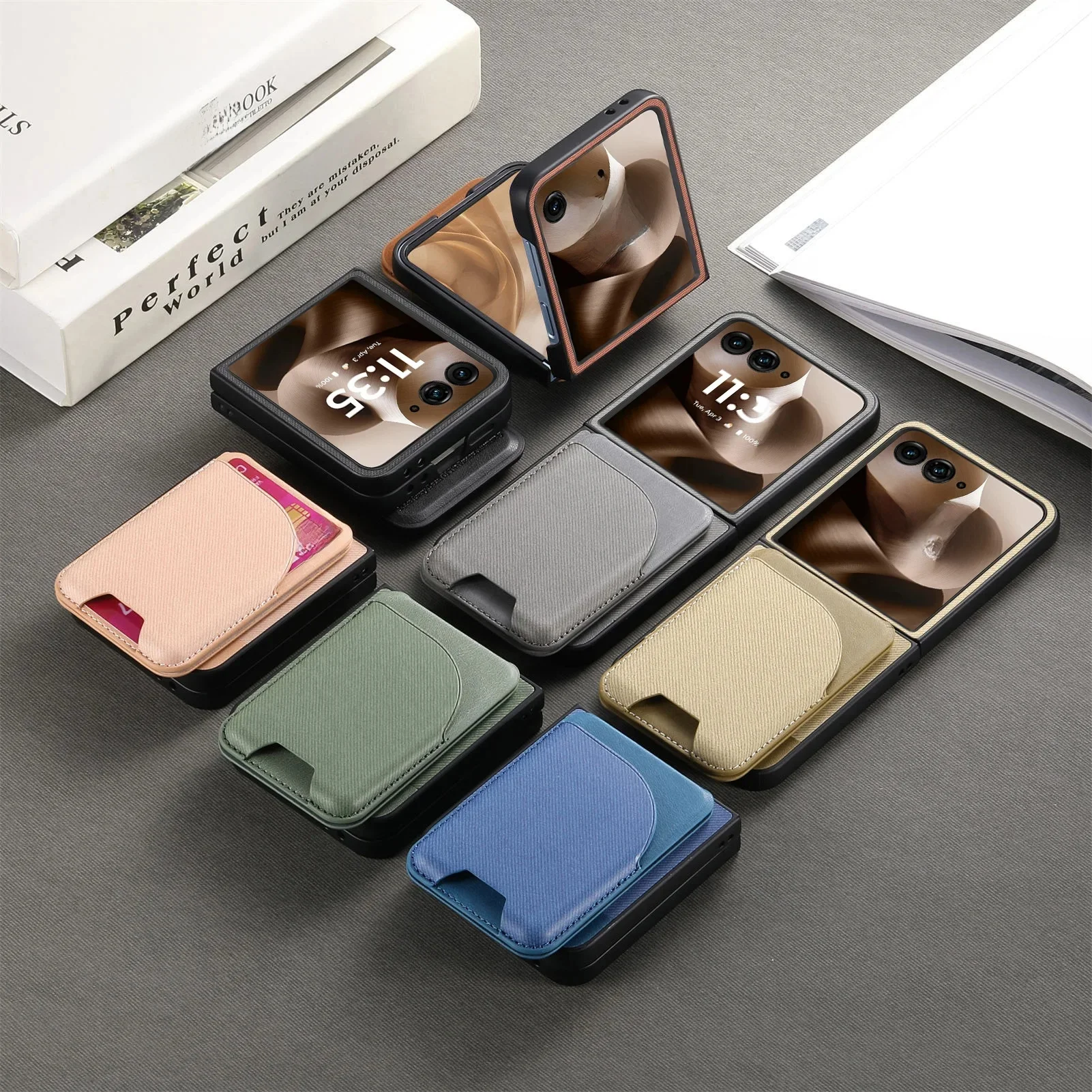 Skórzane etui z bezprzewodowym ładowaniem do telefonu Motorola MOTO Razr 70 Plus 60 50 40 Ultra Pro 2026, magnetyczny uchwyt na karty, twarda obudowa z funkcją podstawki. — zdjęcie produktu 7