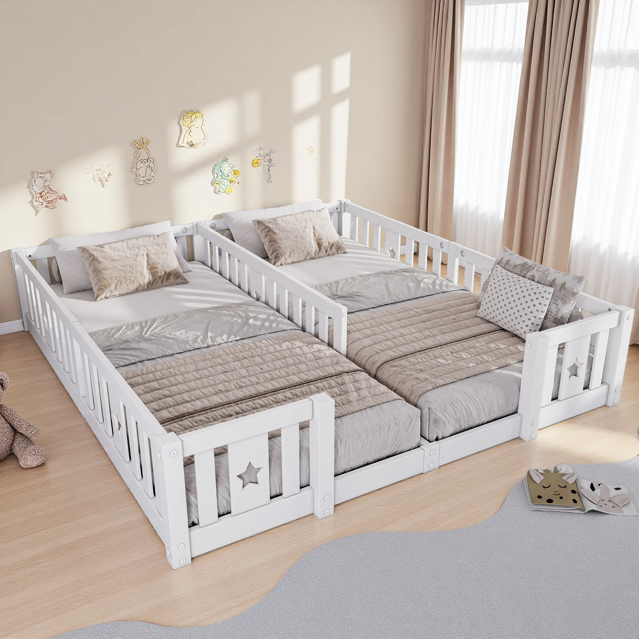 2-in-1-Doppelbett für Kinder auf dem Boden, 180x Bodenbett Montessori mit Sicherheitsbarrieren und Fallschutz, 2-Personen-Bett