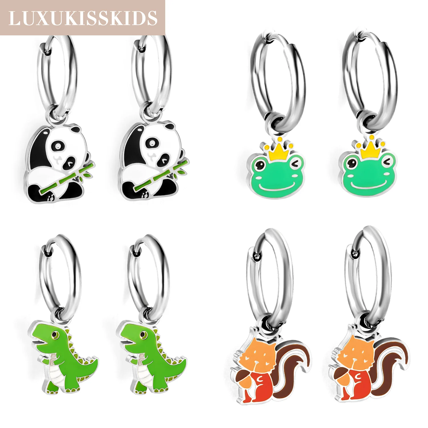 Luxukis skids Mode niedlichen Schwarz-Weiß-Panda Ohrring Edelstahl Silber Farbe runde Ohr cilps braun Eichhörnchen baumeln Aros