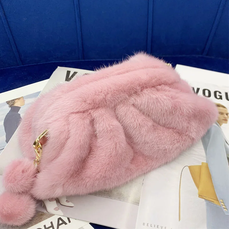 100% Real Fur Mink Bag Cloud Bag Women Designer Luxury Fur Bags For Women Clutch Bag Cloud Dumpling Bag