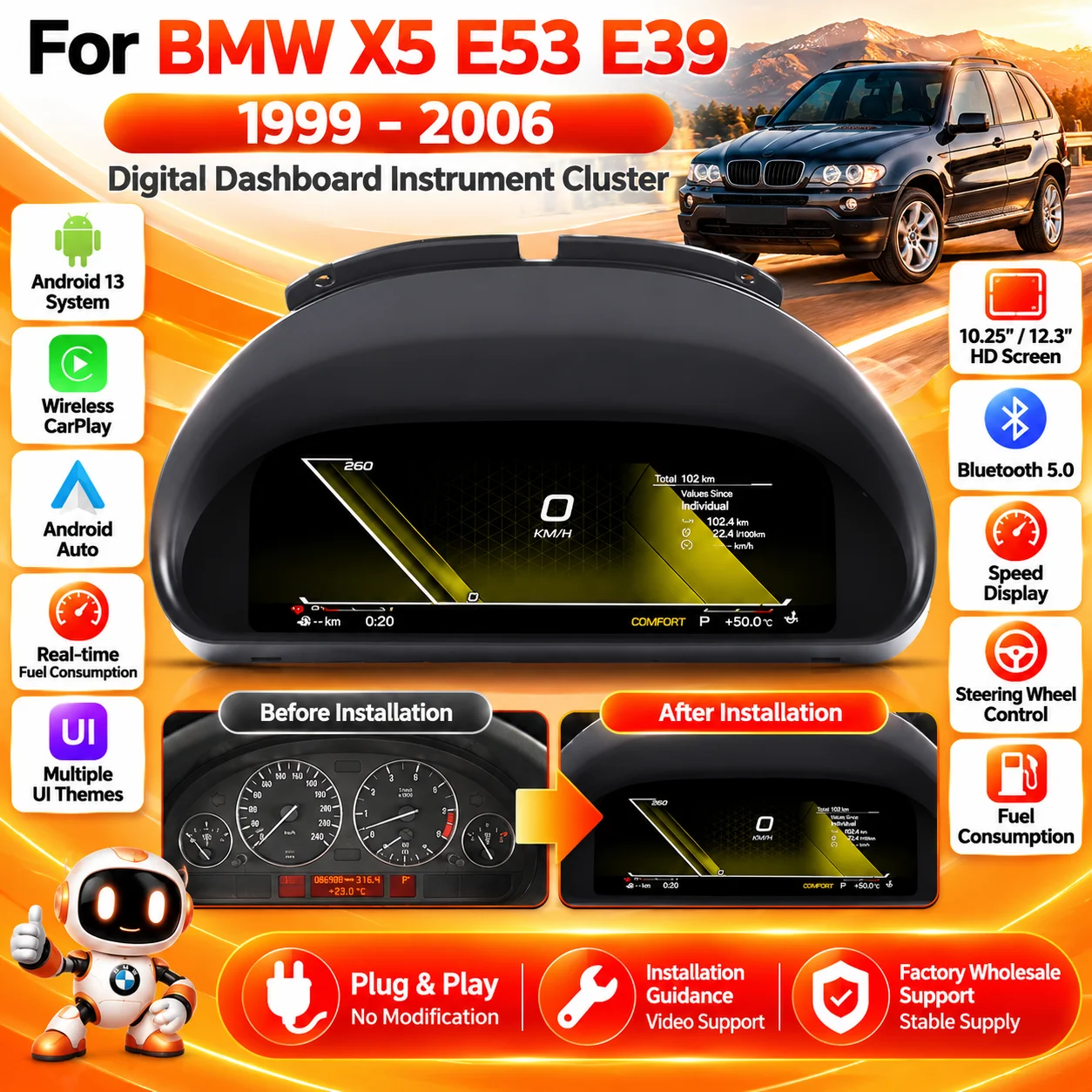 LCD Digital Instrument Cluster CarPlay Virtual Cockpit For BMW X5 E53 E39 1999-2006 Dashboard Speedometer Odometer
