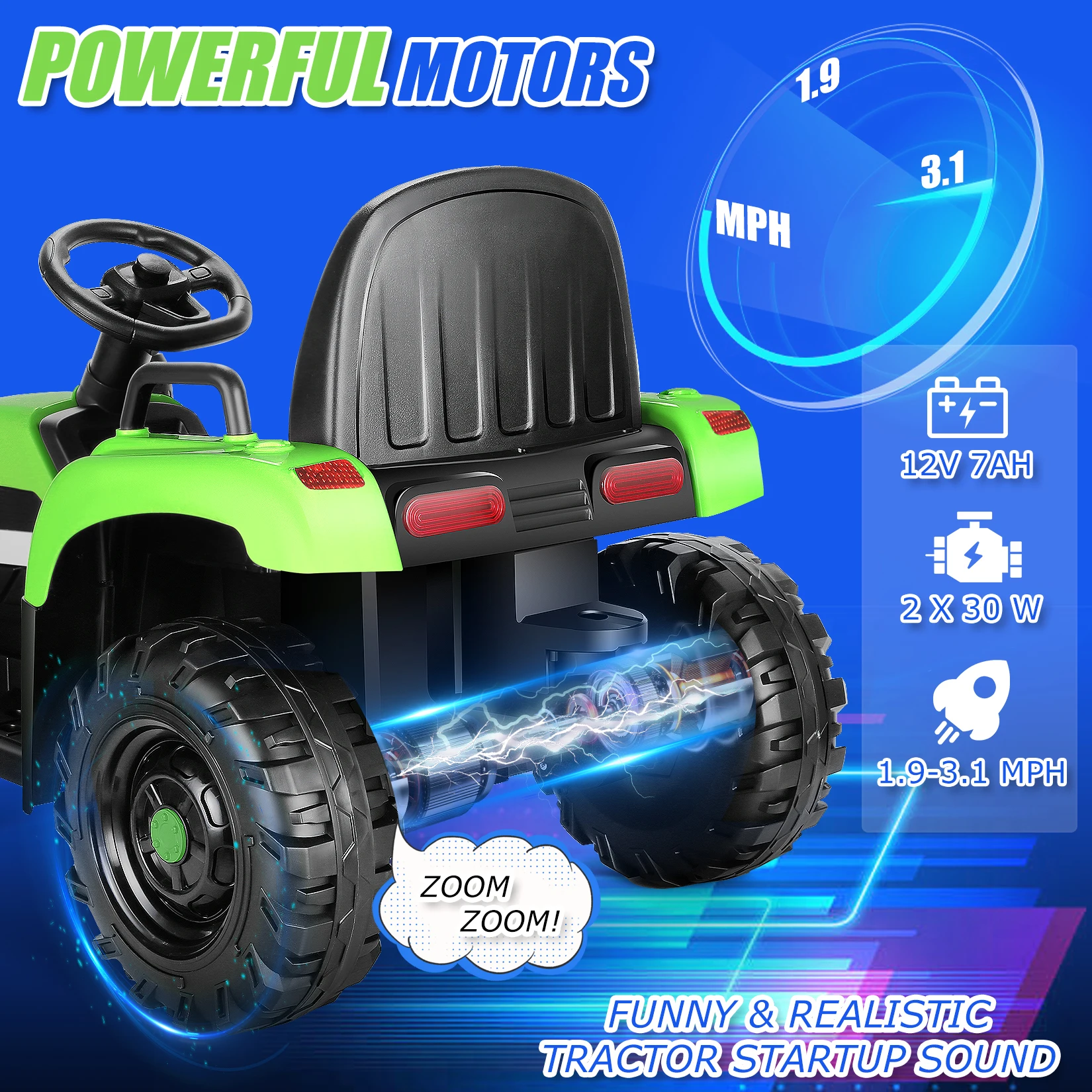 12V Kids Ride on Tractor with Trailer 7AH Battery Powered Tractor Electric Car for Toddler, Ride on Toys Motorized Vehicle