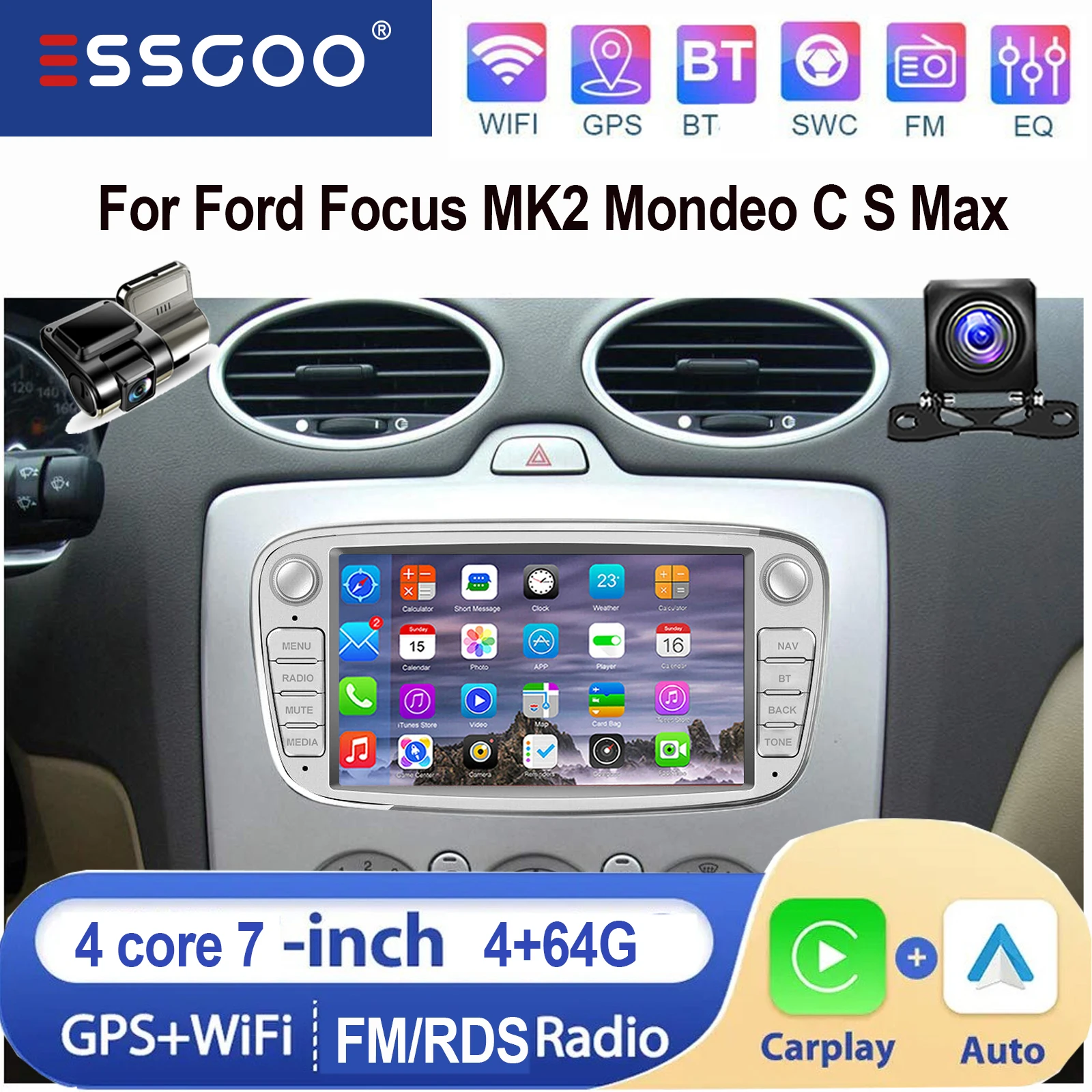 ESSGOO AI-bediening Android 15 7 inch IPS touchscreen display Draadloos Carplay Android auto Voor Ford Focus MK2 Mondeo C S Max Autoradio GPS-navigatie WiFi SWC Bluetooth USB Mirror link ASP Geluid