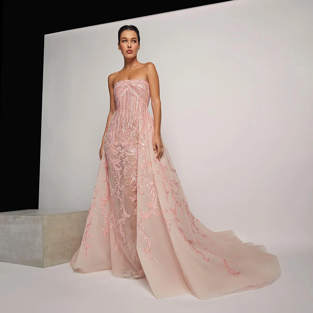 Elegant Pink Sequin Evening Dresses Strapless Beading Applique Tulle Long Formal Prom Party Gown 2023 Robes De Soiré Customize