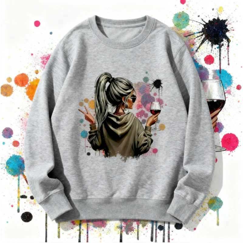 

Wine Theme Graphic Sweatshirt For Women Comfortable Casual Pullover Sweatshirt With Creative Pattern