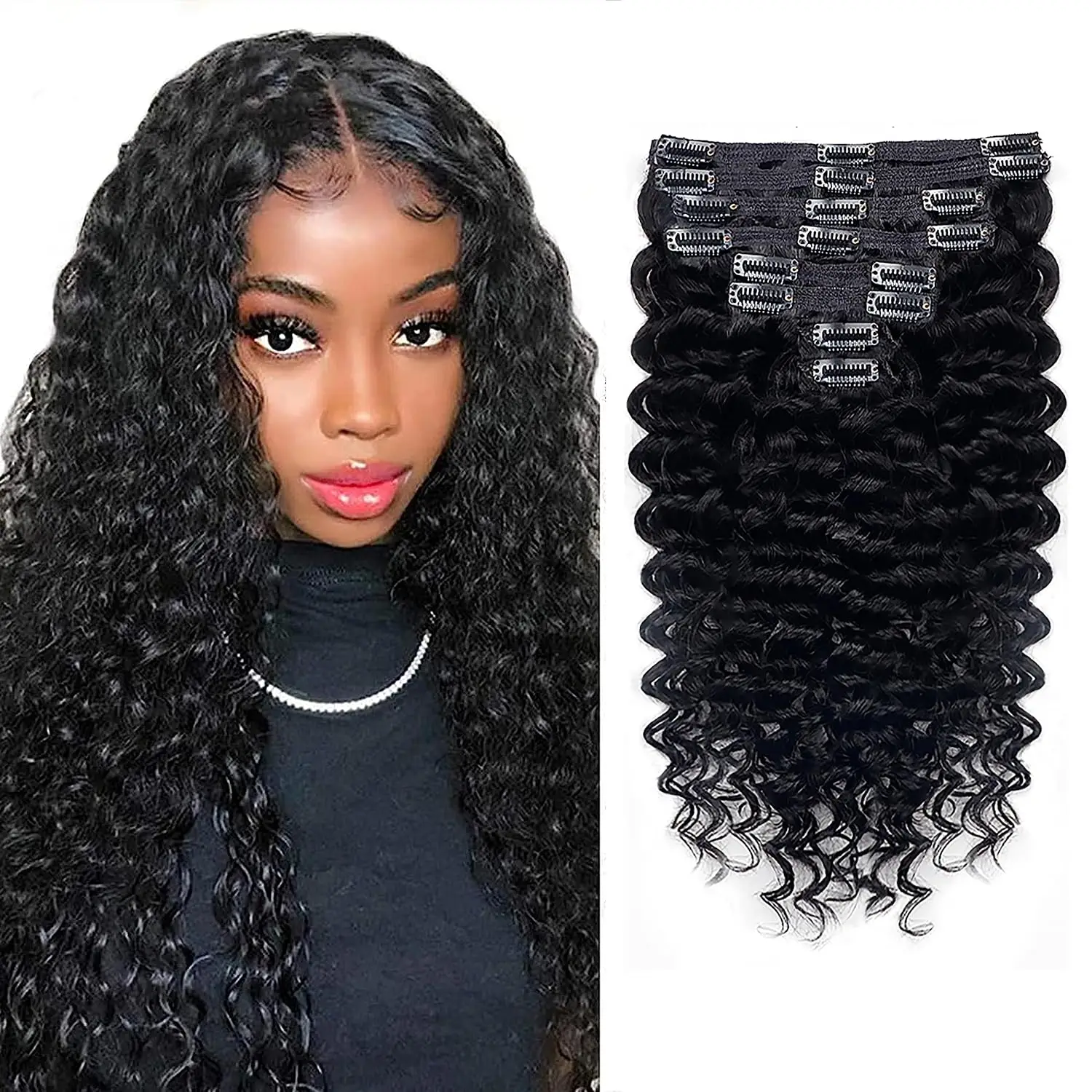 Extensions de cheveux brésiliens à clip Deep Wave, cheveux humains Remy, clip de document noir naturel, 10-26 pouces, 120g, 8 pièces par ensemble