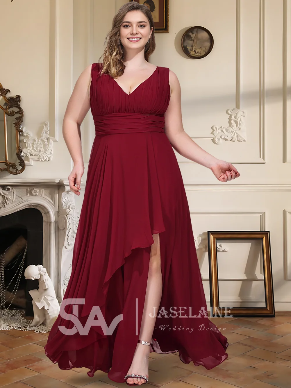 WMP Bridesmaid Dresses 2026 A-Line V-Neck Floor-Length Chiffon Ruffle Leg Slit  Wedding Evening Party Cocktail Dresses Women