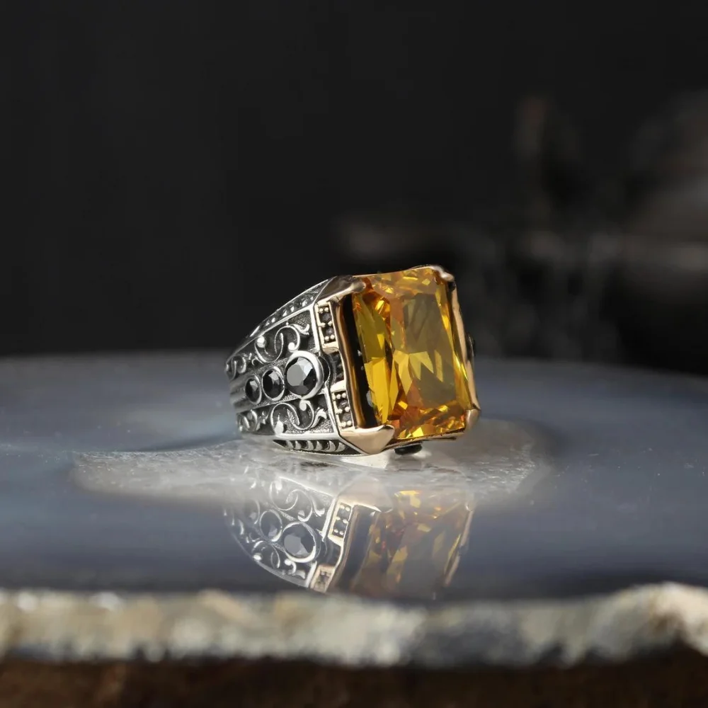 

925K Sterling Silver Man's Ring, Citrine Gemstone Exclusive Jewelry Stylish Accessory For Man 2022 Fashion Freeshipping