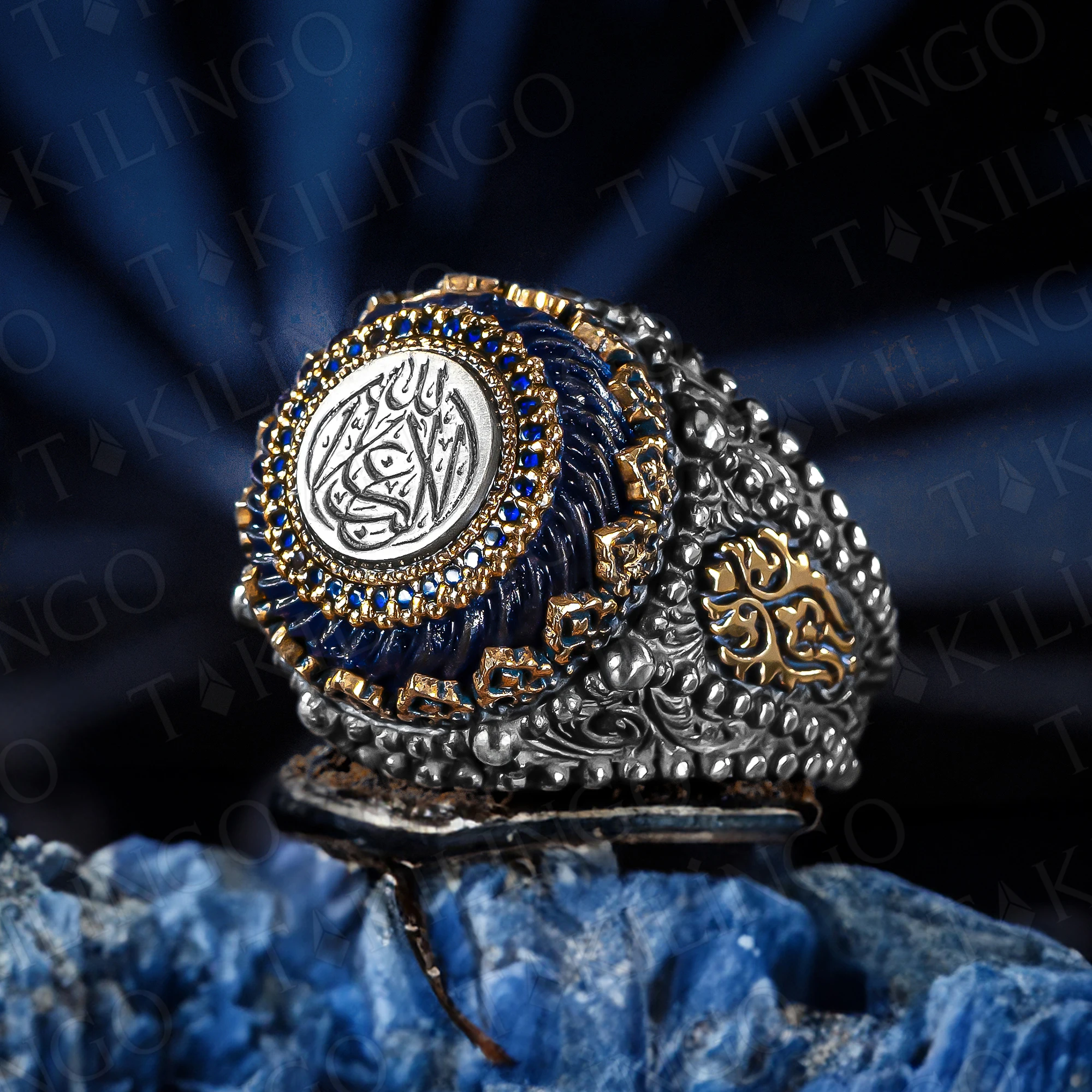 

Solid 925 Sterling Silver La Galibe Illallah Written in Amber Blue Cubic Zircon Islamic Men's Ring Religious Muslim Arabic