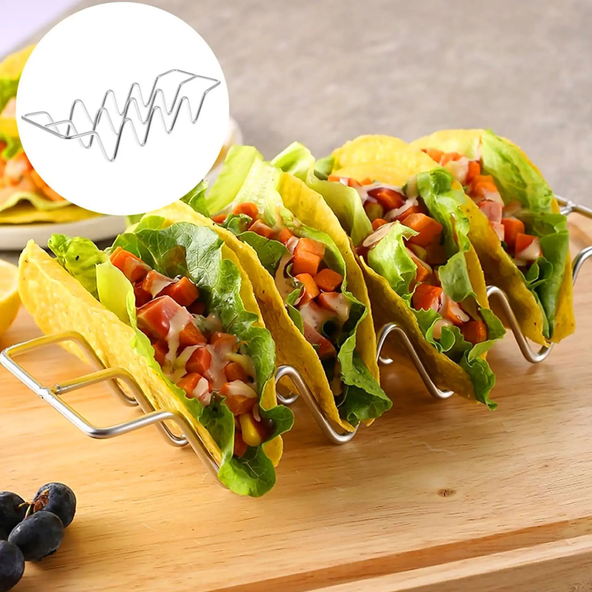 Taco Holder Roll Food Rack Holds 4 Tacos Tacos Display Stainless Steel Taco Rack Rust-Resistant Mexican Pancake Holder W Plate