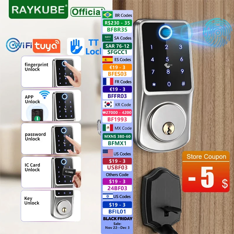 RAYKUBE A220 Tuya Wifi/ TT Блокировка приложение дэдболт отпечатков пальцев умный дверной замок дистанционное управление Пароль Код Карты