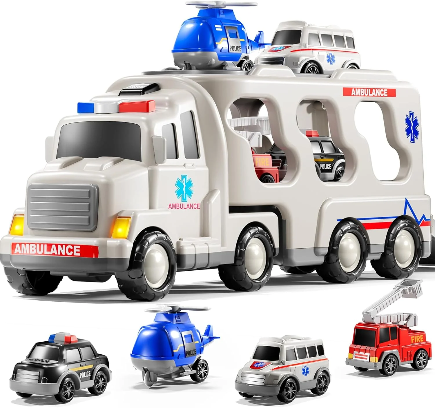 

Ambulance Truck Toys Set for Kids Toddlers 1-3 3-5 Years Old, Carrier Truck Playset with Toy Cars, Light and Sound, City Learnin