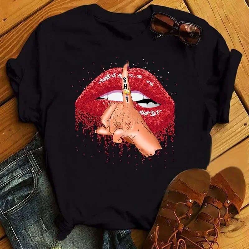 Damskie letnie koszulki z krótkim rękawem moda czerwone usta nadruk na palcach damskie t-shirty Top Cartoon damskie koszulki z nadrukami t-shirty — zdjęcie 2