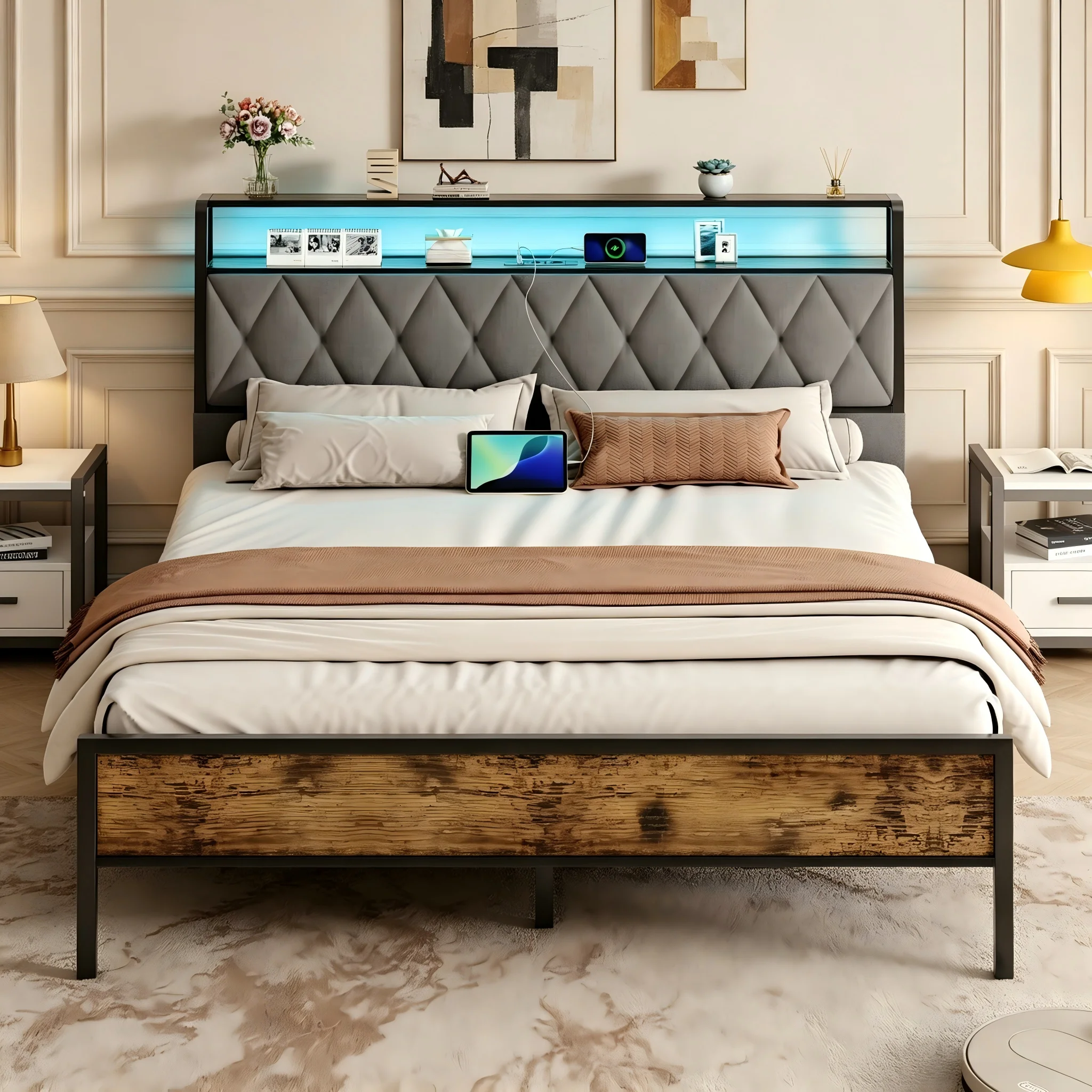 Cadre lit double 140x190 cm métal&bois industriel, LED USB, tête rembourrée rangement, sommier lattes robuste, adultes ados