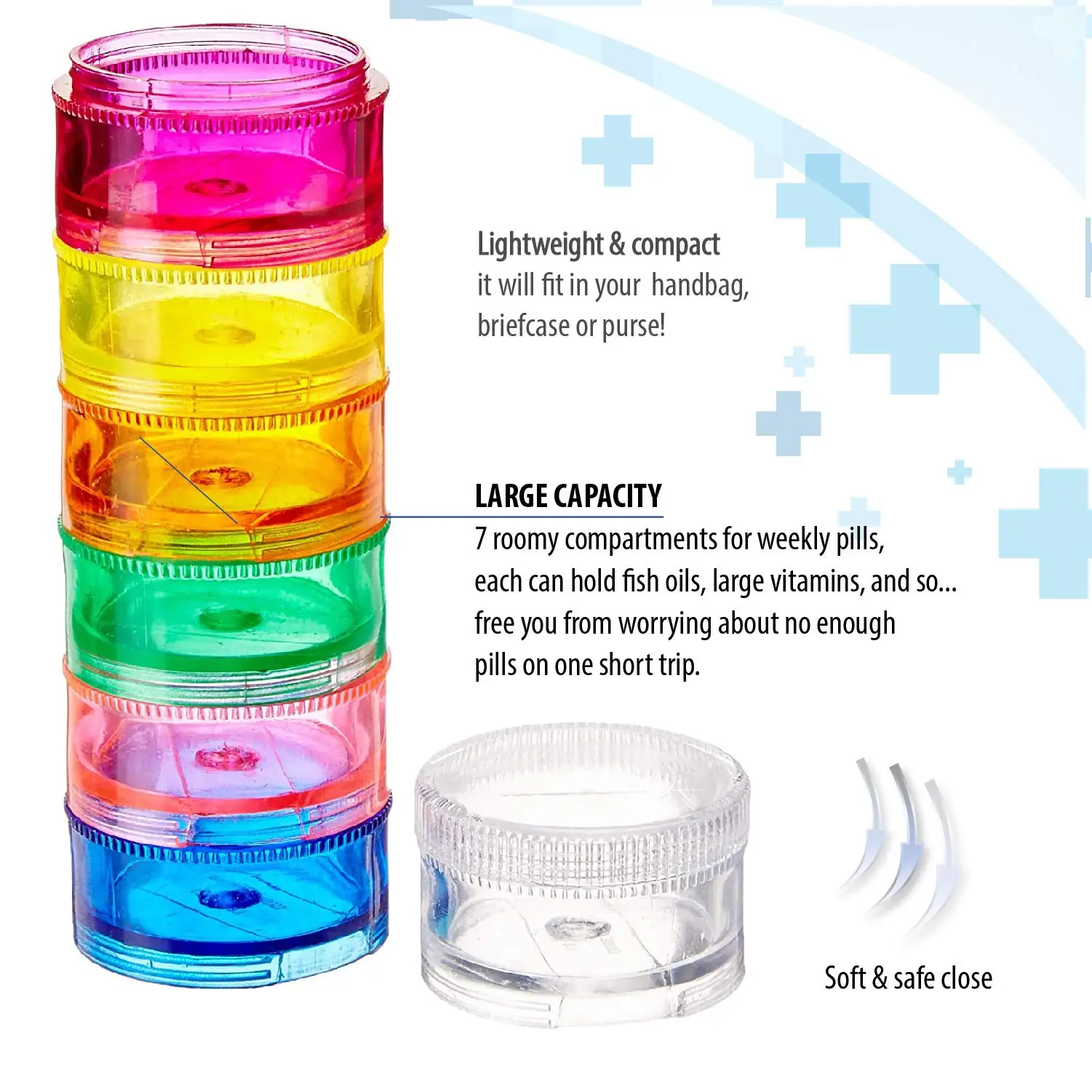 2-pack Rainbow Pill Organizer Case 7-daagse stapelbare torendoos Geneeskundeplanner Kleine koffer voor medicijnen, vitaminen en supplement