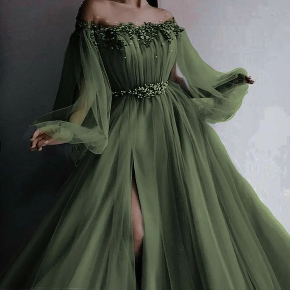 A-Line Off The Shoulder Evening Dresses Bubble Long Sleeves Scoop Neck Prom Gowns Party Dress For Women Night Vestidos De Novia