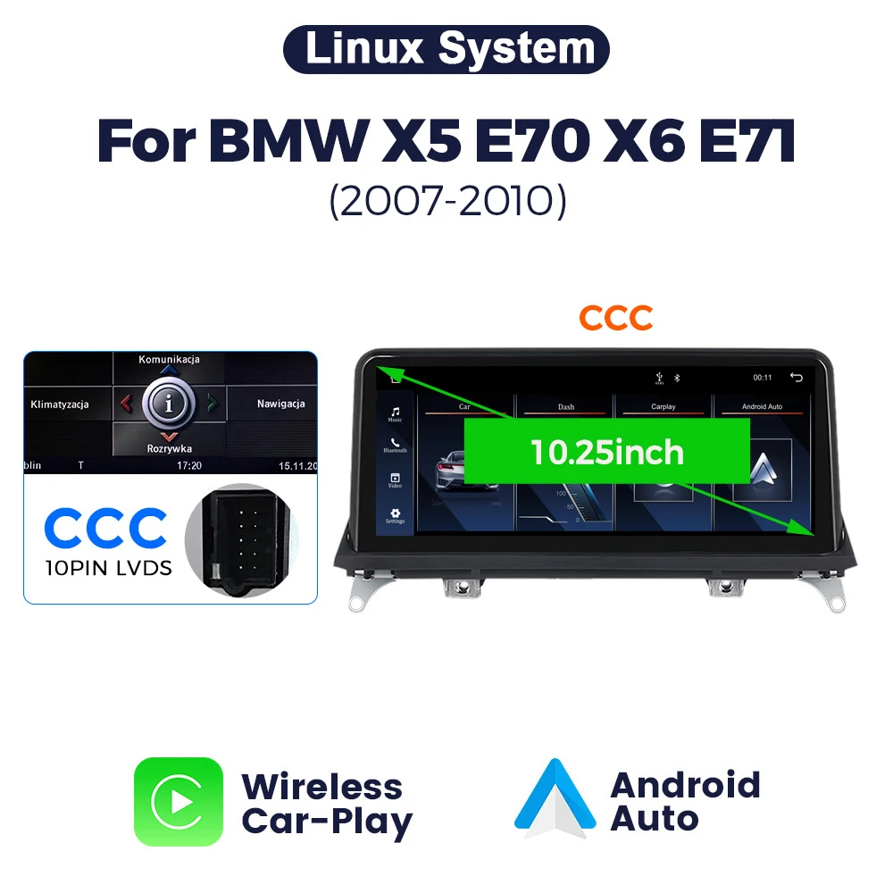 10,25 inch autoradio multimediasysteem voor BMW X5 E70 X6 E71 2007-2013 met draadloze CarPlay, Android Auto, Wifi, BT en ondersteuning voor telefoon mirroring.