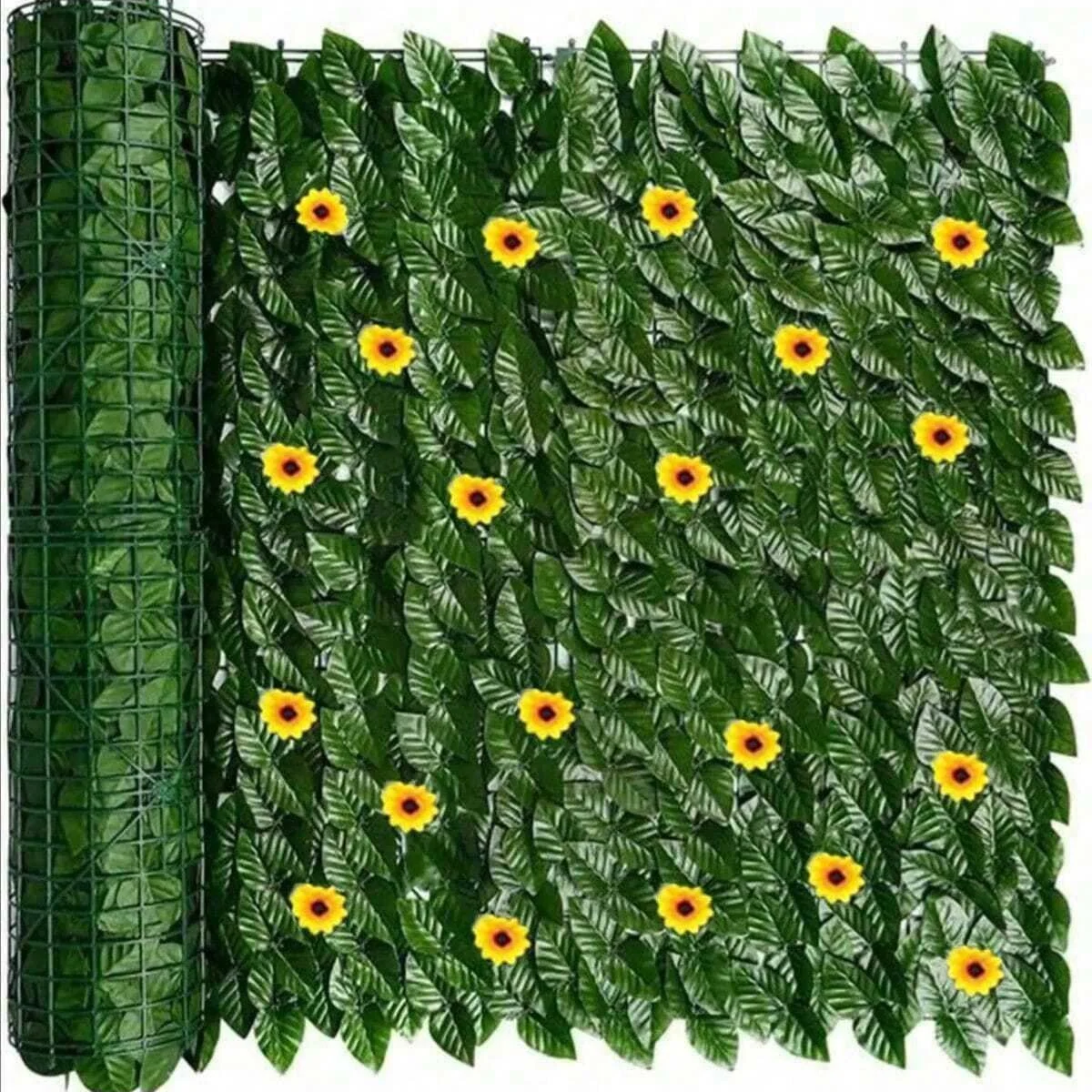 Grüne künstliche Efeu-Sichtschutzzaun-Bildschirm im Freien mit Sonnenblumen, Kunstrasen, Sichtschutzzaun-Bildschirm, gefälschtes Efeu-Wandpaneel – Detail 2