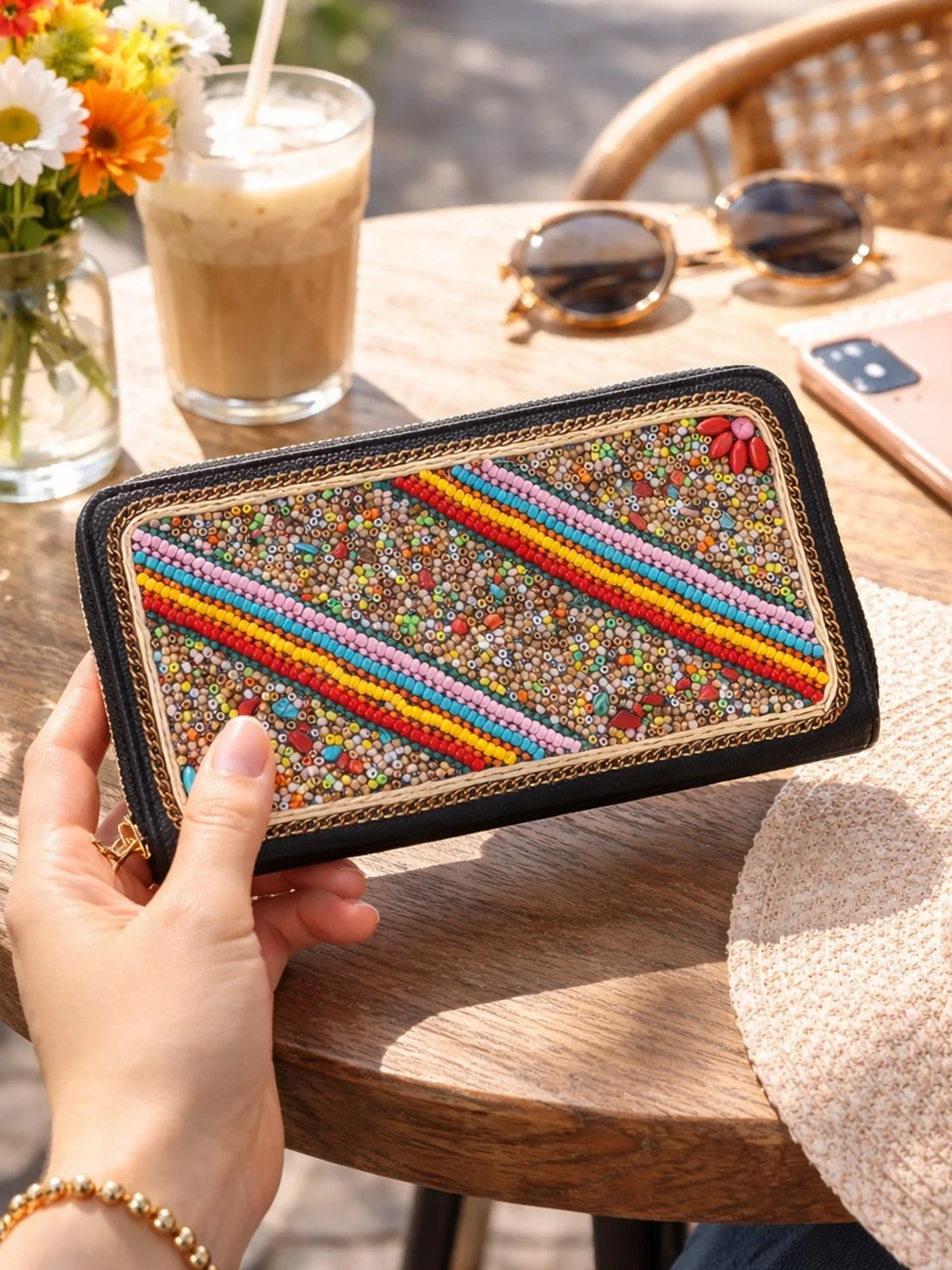 Boho Beaded Zip Around Wallet for Women Colorful Embroidered Long Clutch Purse Ethnic Style Card Holder Coin Phone Organizer Bag