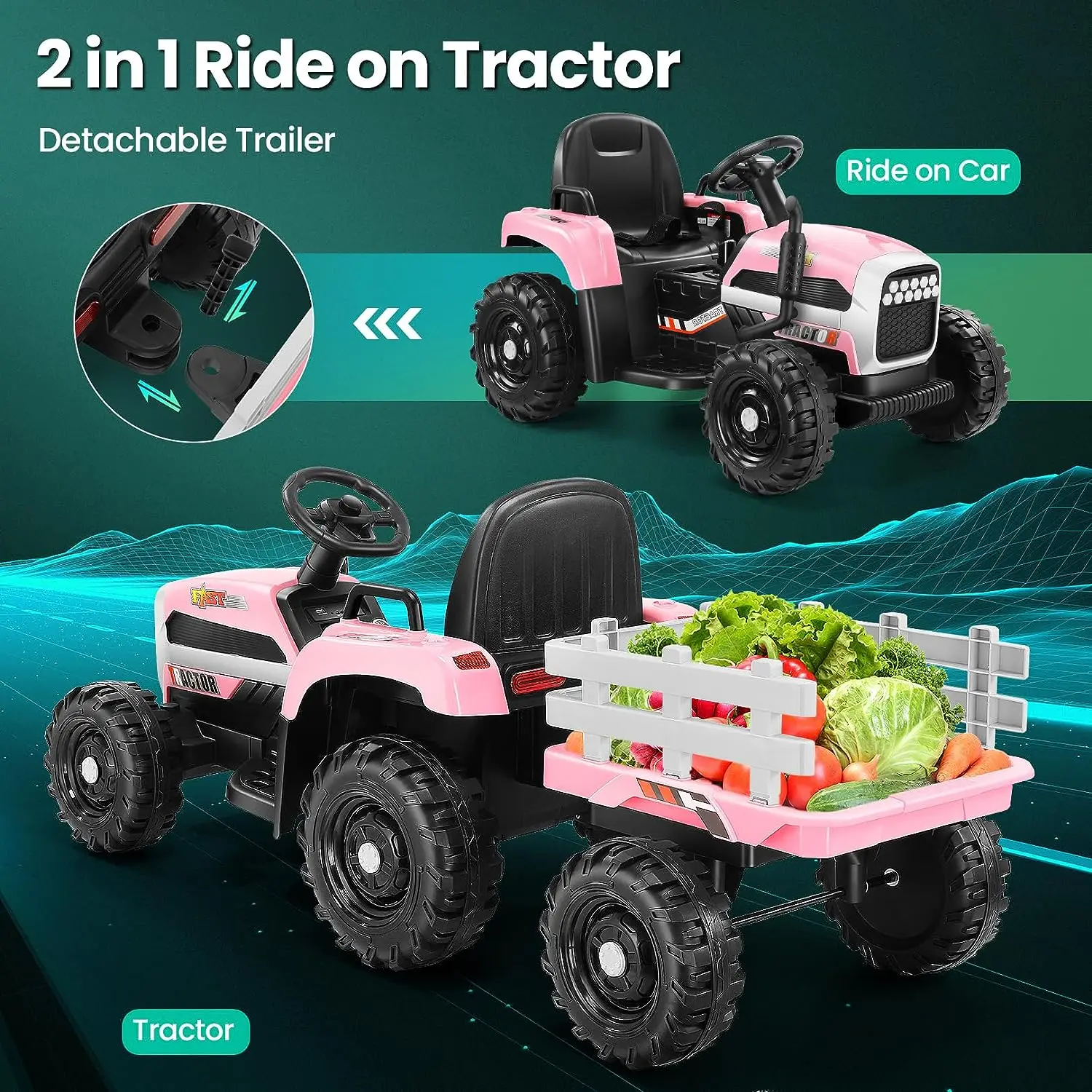 Ride on Tractor met aanhangwagen, 12V elektrische tractor met ouderafstandsbediening, 3 snelheden, LED-licht, muziek, veiligheidsgordel voor kinderen