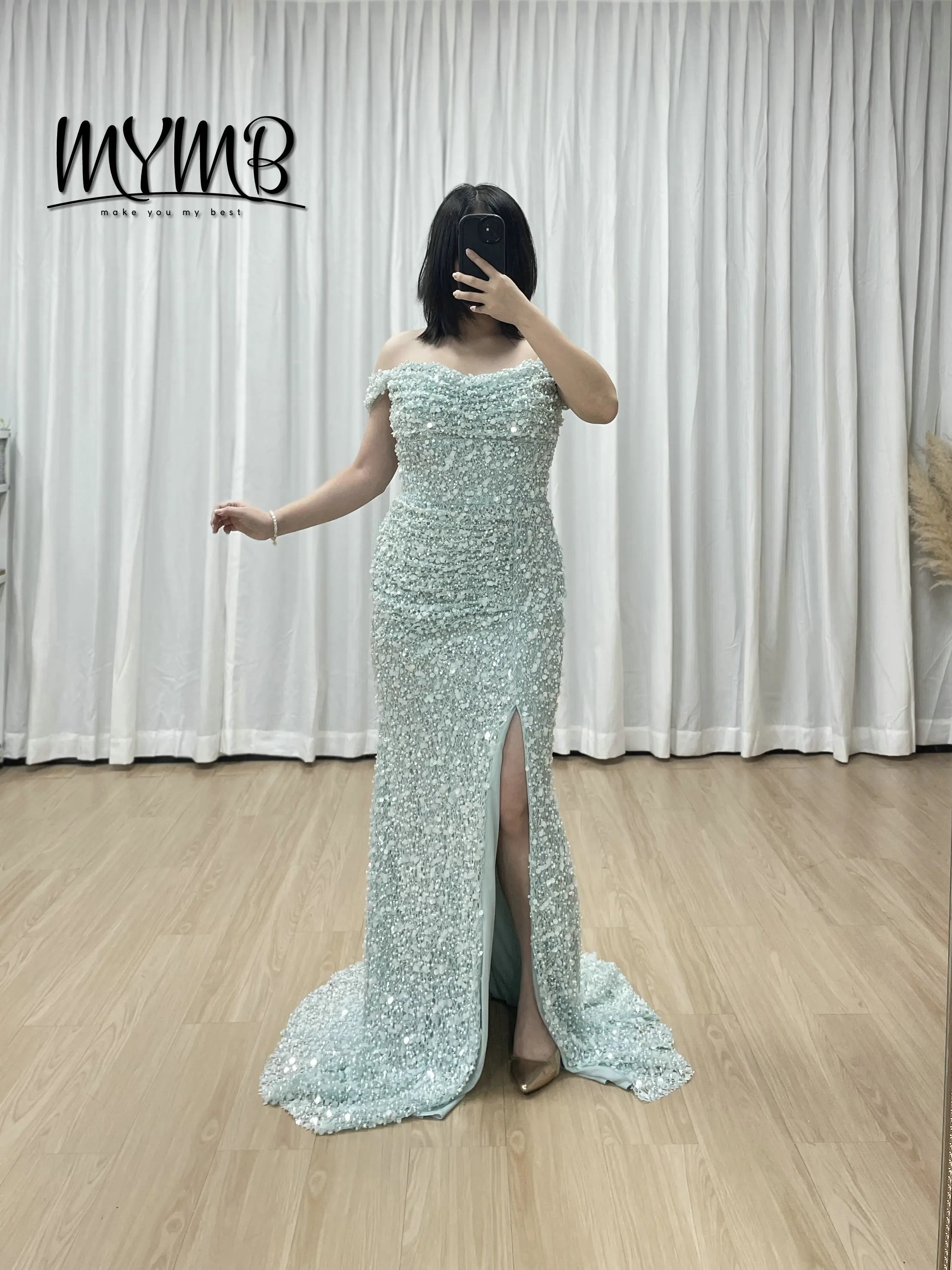 

MYMB Stylish Mermaid Evening Gown Blue Bodycon With Thigh High Slit Sequin Fabric Off-Shoulder Long Sweep Train for Prom MY30174