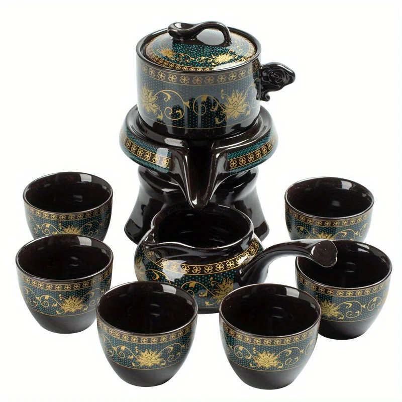 

Creative Kungfu Tea Set with Stone Mill and Rotating Graphite Fortune Turn Perfect Gift Box Included