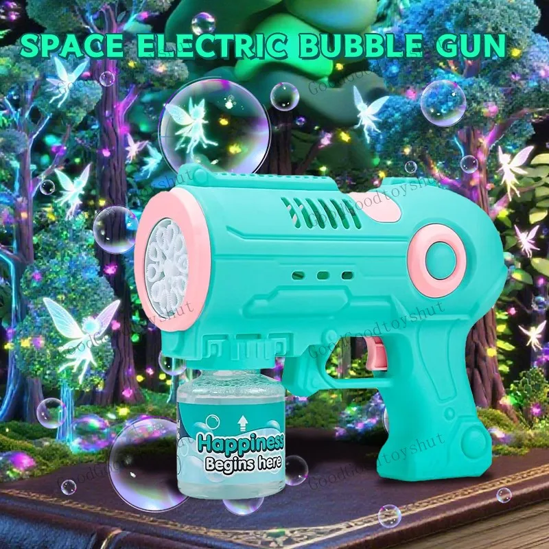 Pistola de bolhas com luzes LED, brinquedo soprador de bolhas automático para jogos ao ar livre, diversão para festas e atividades de verão