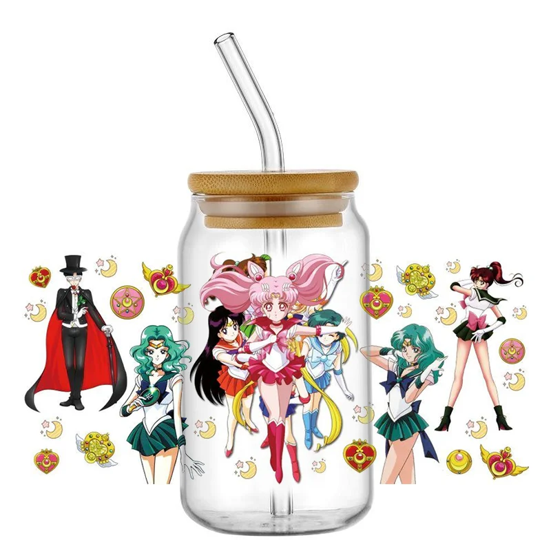 Miniso New SAILOR MOON serie giapponese decalcomanie fai da te trasferimenti 3D adesivi in cristallo uvdtf 16oz uv dtf cup wraps per occhiali Libbey