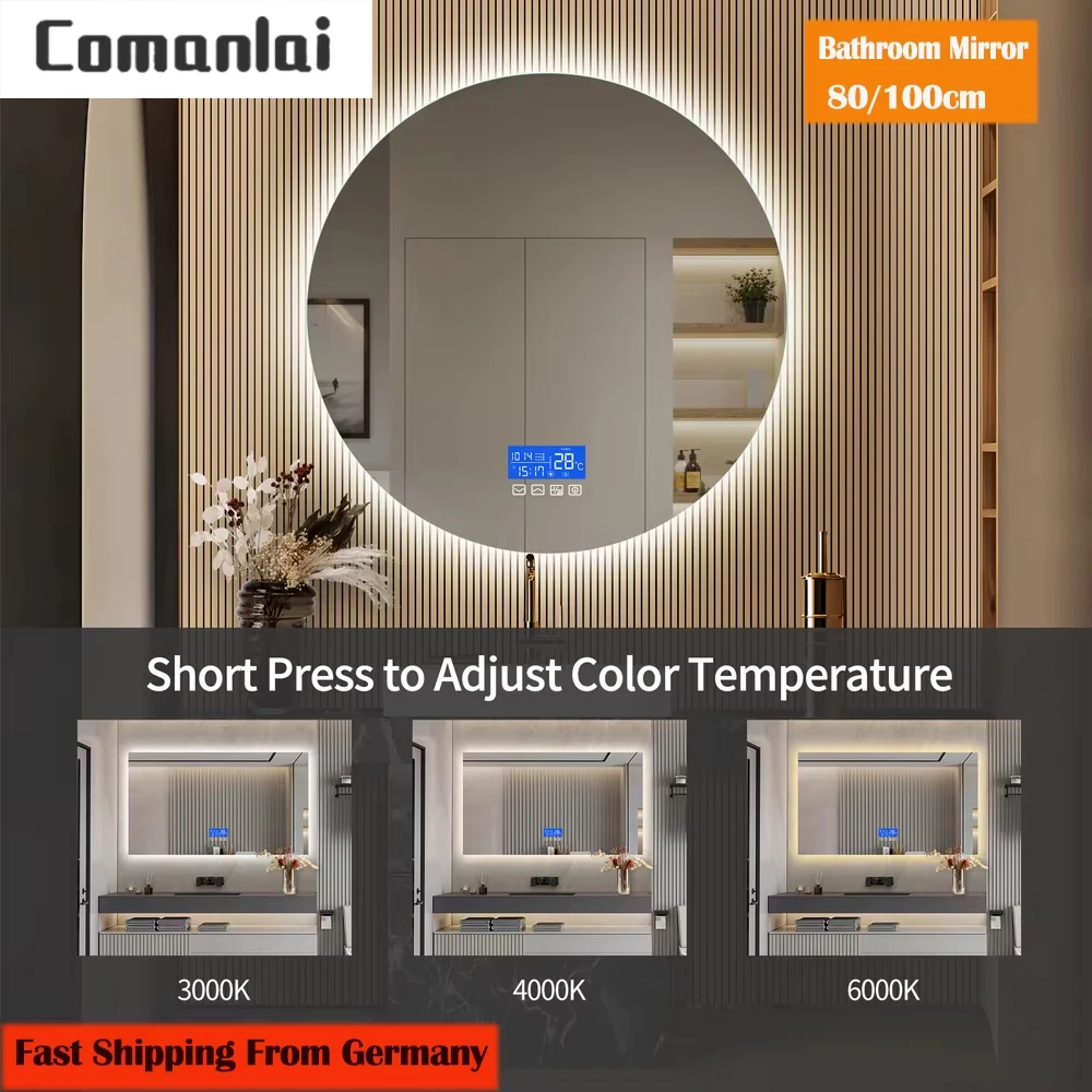 Specchio da bagno Comanlai con illuminazione a LED, indicatore di temperatura, 3 colori di luce regolabili, specchio rotondo con funzione antiappannamento