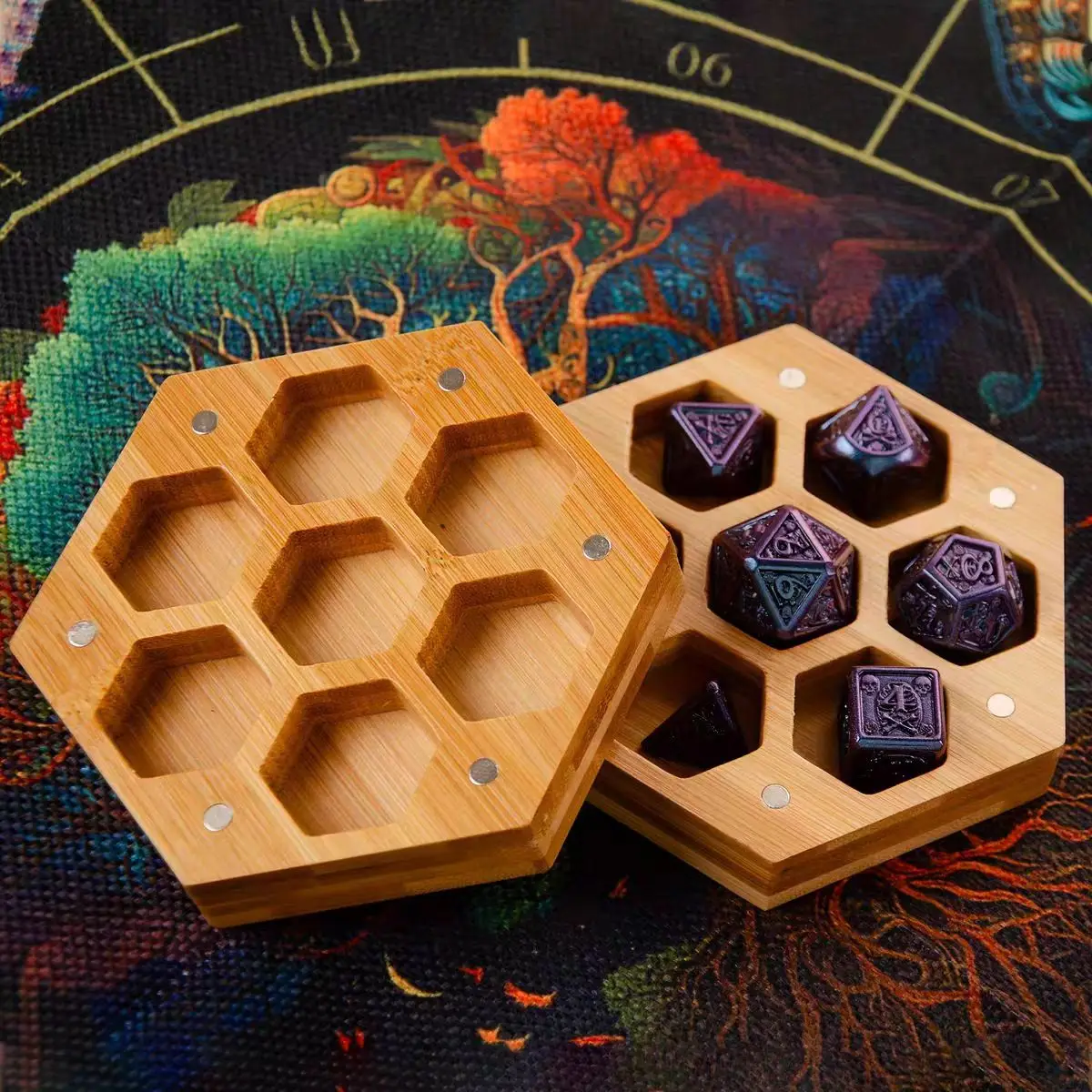 

Premium Wooden Dice Storage Case, Hexagon Shape with Integrated Dice Holders, Secure Magnetic Closure, for DND RPG Player