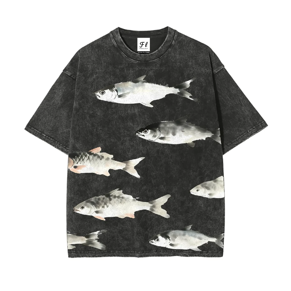 

Unique Ink Fish Design Vintage Washed Oversize T-Shirt With Aquatic Fish Art And Retro Vibe A Must-Have For Fashion Enthusiasts