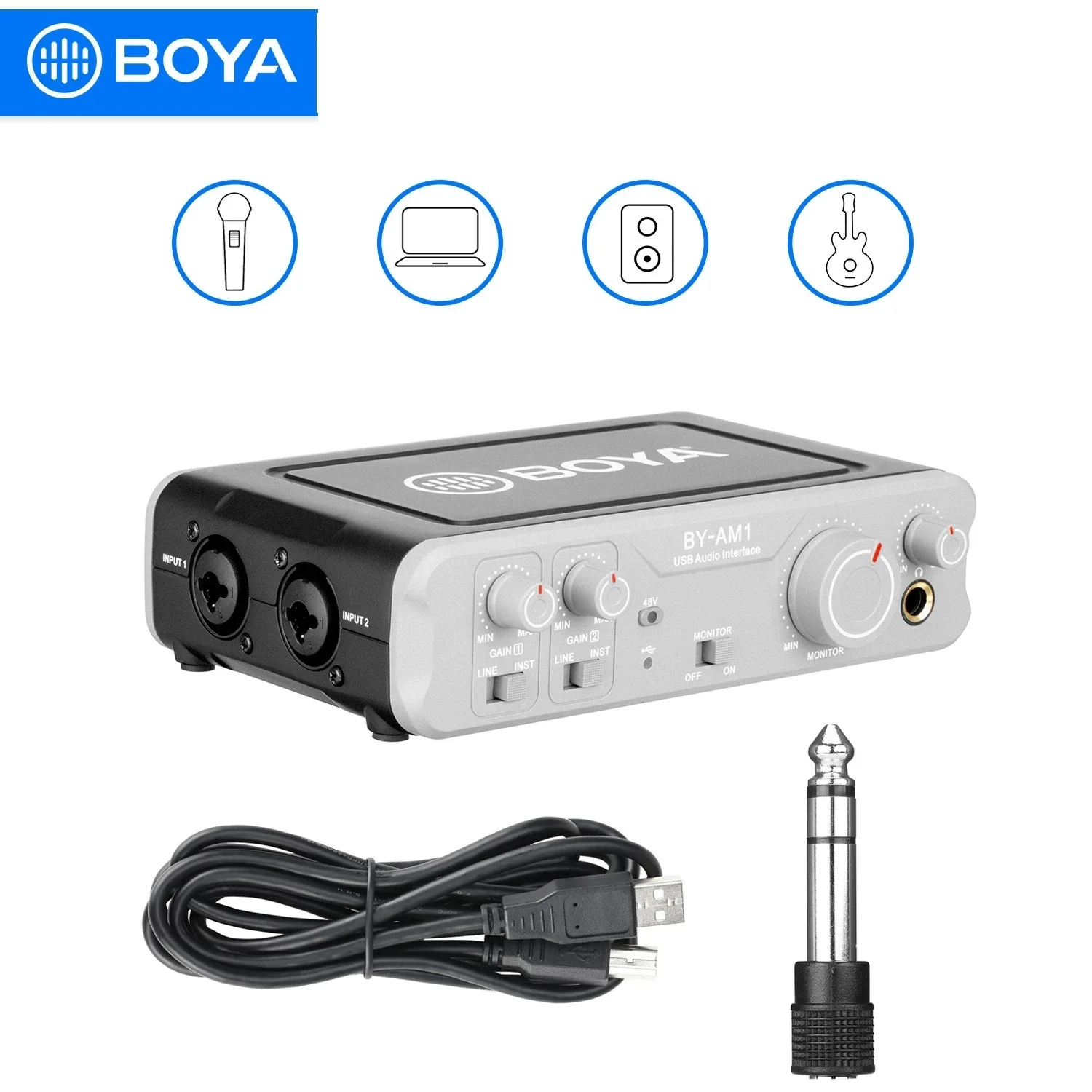 

BOYA BY-AM1 Dual-Channel Audio Mixer USB Audio 6.35mm/XLR Combo Inputs 6.35mm Headphone 48V Phantom Power for Audio Recording