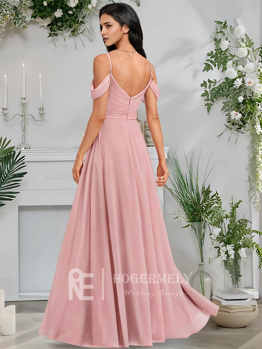 فساتين وصيفة العروس أنيقة بأكتاف مكشوفة وأحمر الخدود على شكل حرف a بطول الأرض شيفون مع أشرطة سباغيتي على شكل حرف V لحفلات الزفاف