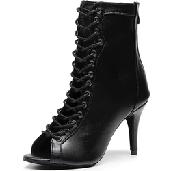 Mulher preto marrom latina jazz sapatos de dança dedo do pé aberto salto alto stiletto bootie meninas salto fino 8.5cm/10cm rendas até botas de dança