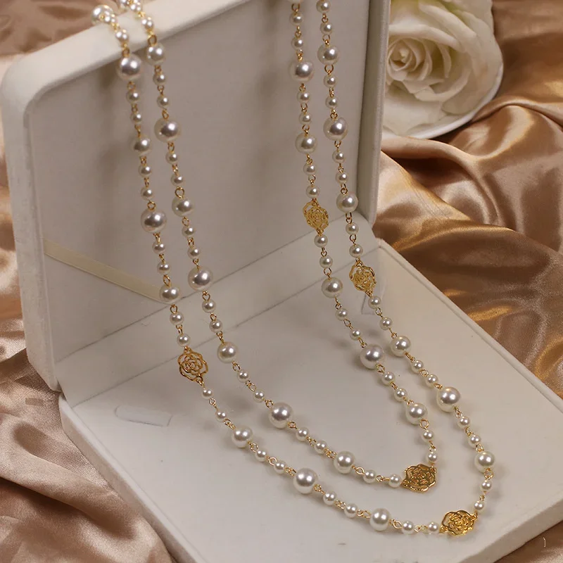 Vintage Dame Kamelie Perlen Blume Lange Halskette Kette Elegante Doppel Schichten Mode Schmuck Für Frauen Party Collares de moda