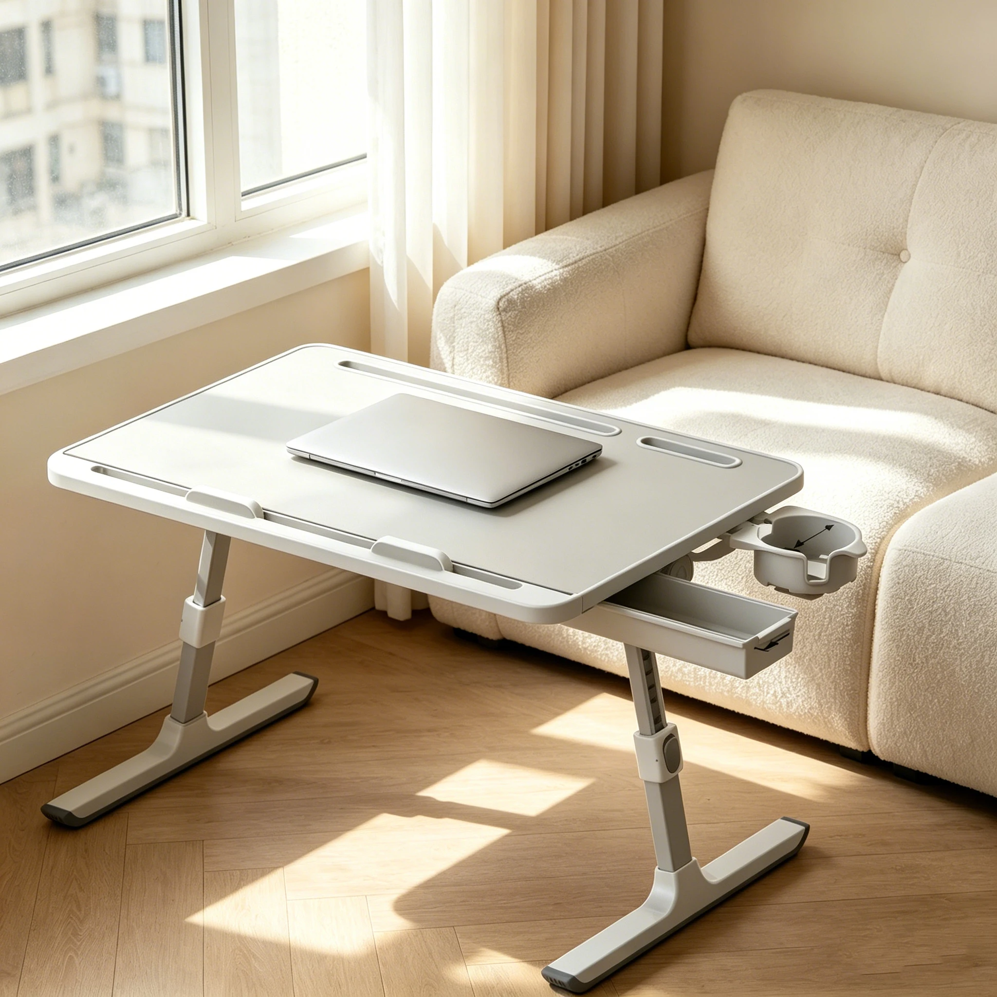 Table pliante réglable en hauteur, bureau d'ordinateur portable réglable en angle, pliable, antidérapant, avec tiroir et porte-gobelet pour la maison et l'extérieur