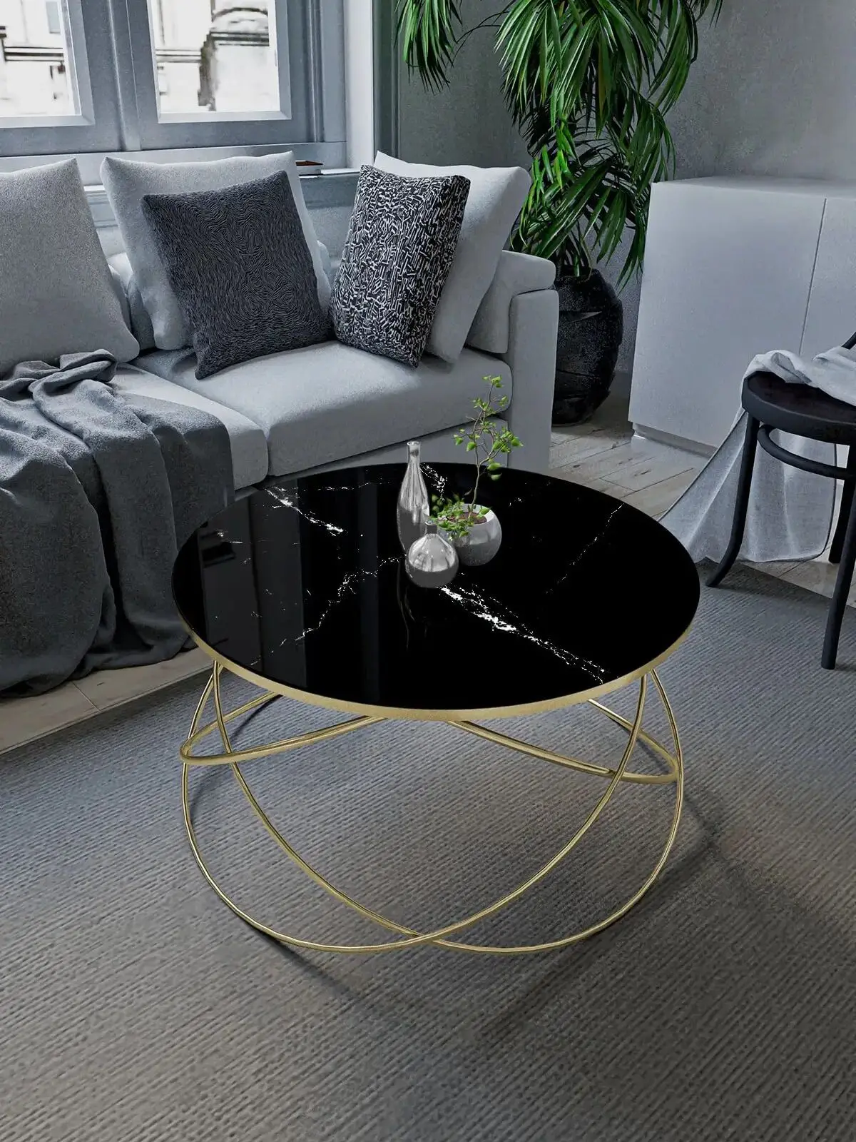 Modern Design Glass Coffee Table Furniture Tea Coffee Serving Table Planet Coffee Table Gold Leg, Black Marble Patterned Glass