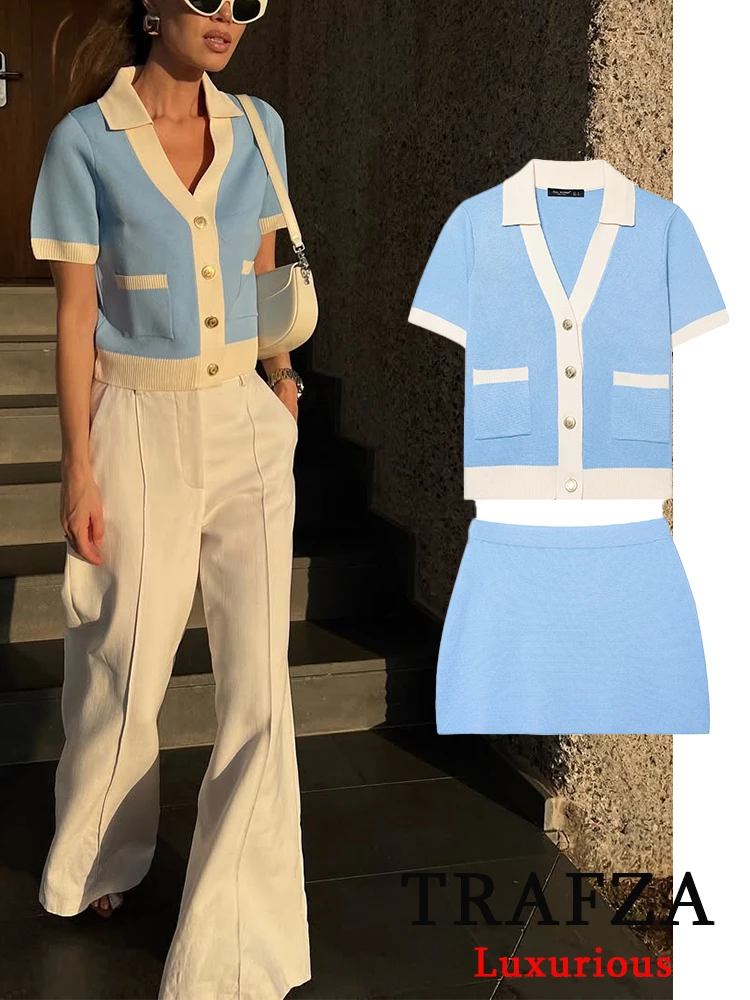 

TRAFZA Casual Chic Knitted Patchwork Suit V-Neck Short Sleeve Pockets Top Short Slim Skirt New Fashion 2025 Spring Holiday Sets