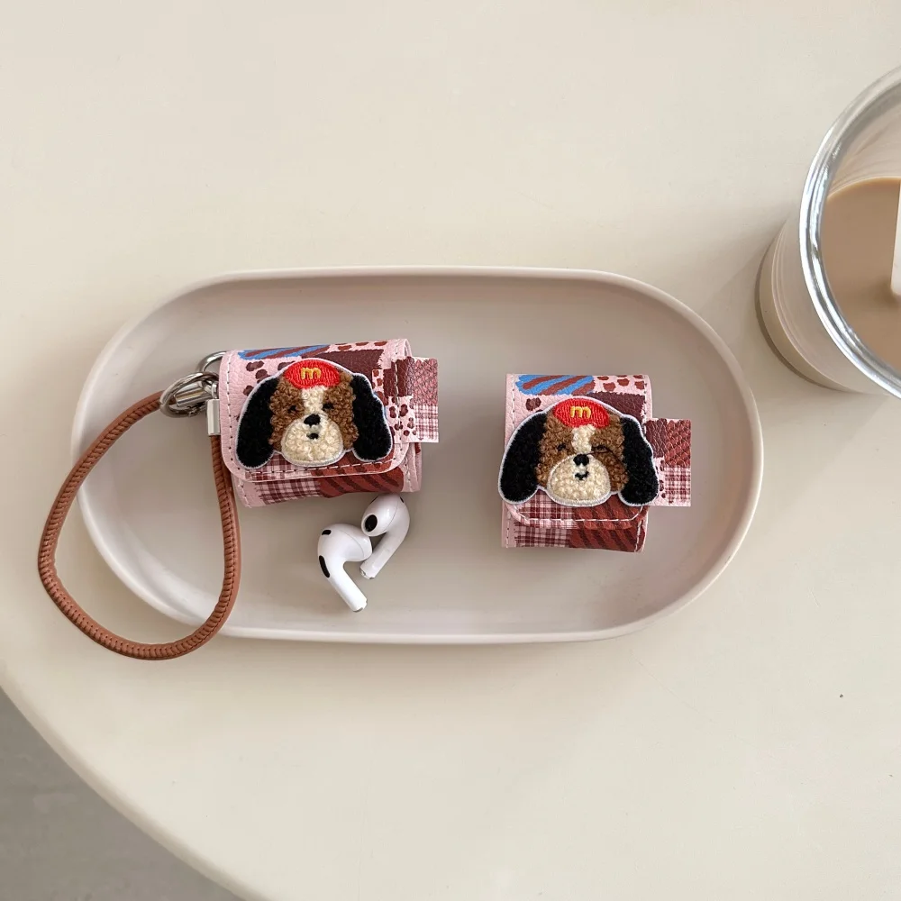

Embroidered puppy stitched leopard pattern leather headphone protective case, suitable for AirPods 4/3/2Pro/2/3, protective case