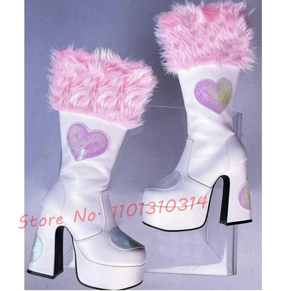 

White Platform Fur High Boots Women Block Heel Cute Pink Fluff Heart-shaped Print Shoes Round Toe Sweet Mid Calf High Heel Boots