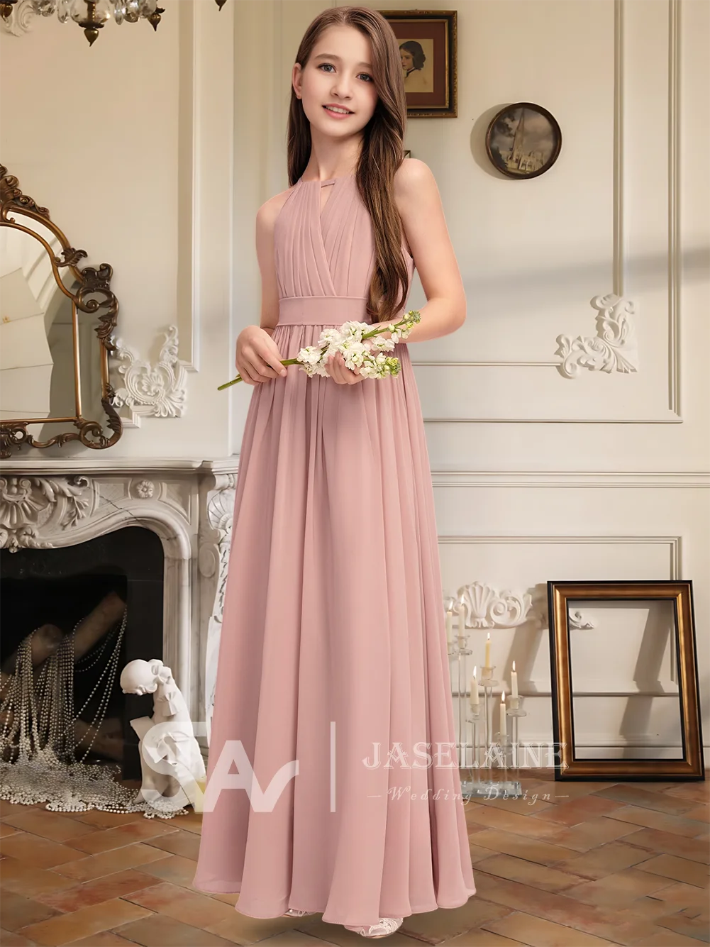 エレガントな A ライン ホルター マキシレングス シフォン ジュニア ブライズメイド ドレス リボン プリーツ フラワー ガール ドレス ガールズ パーティー ウェディング フォーマル