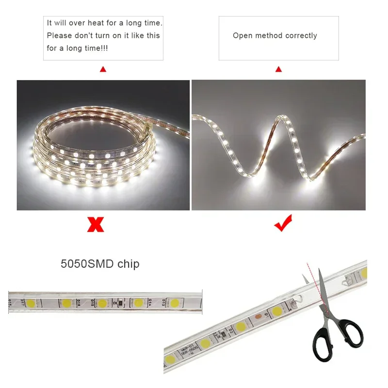 60LEDs/m LED Strip Light 220V Waterproof High Brightness Whit Warm Light Flexible Lamp Tape EU Plug for Home Decor Lighting