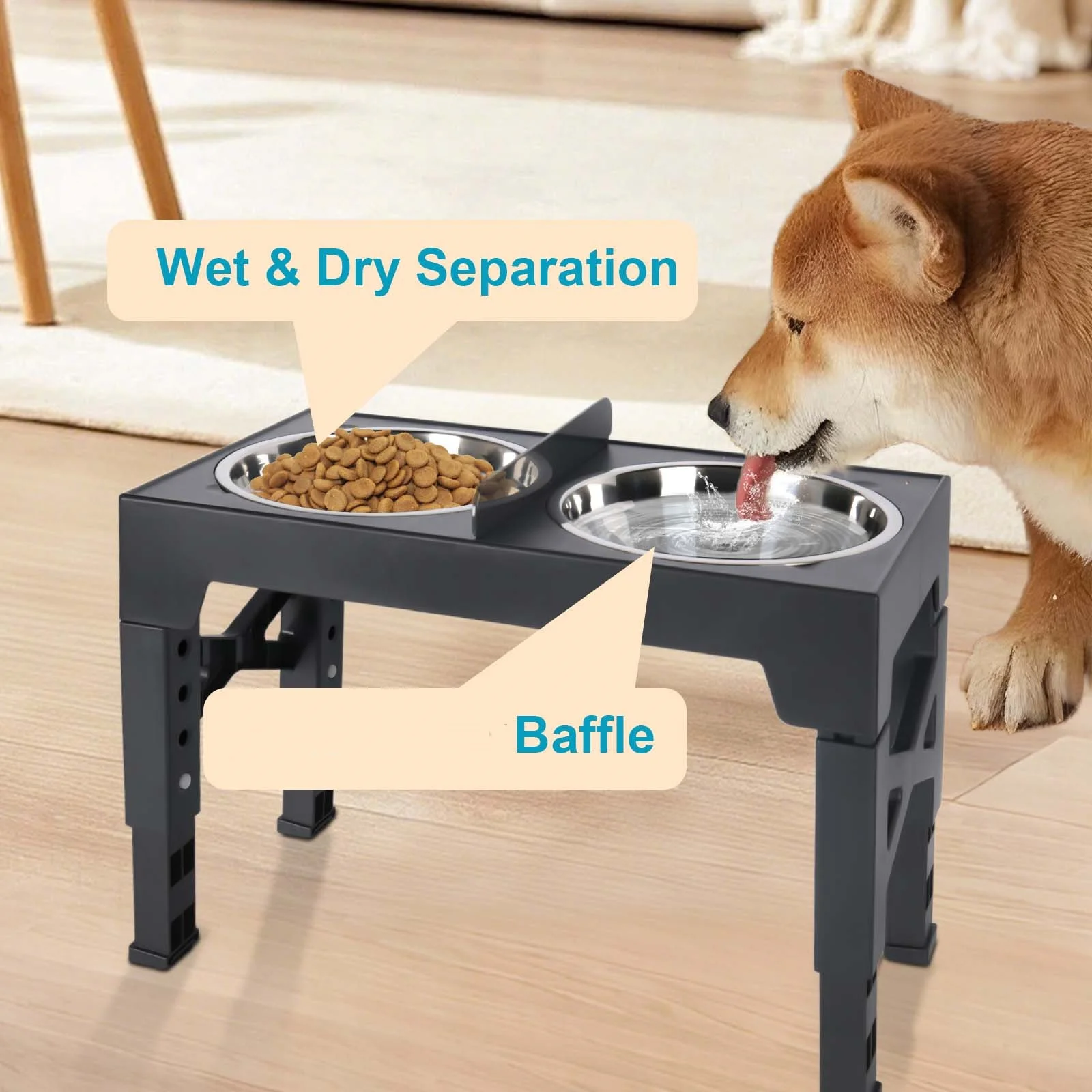Gamelle surélevée réglable pour chien avec deux bols en inox dans une cuisine moderne
